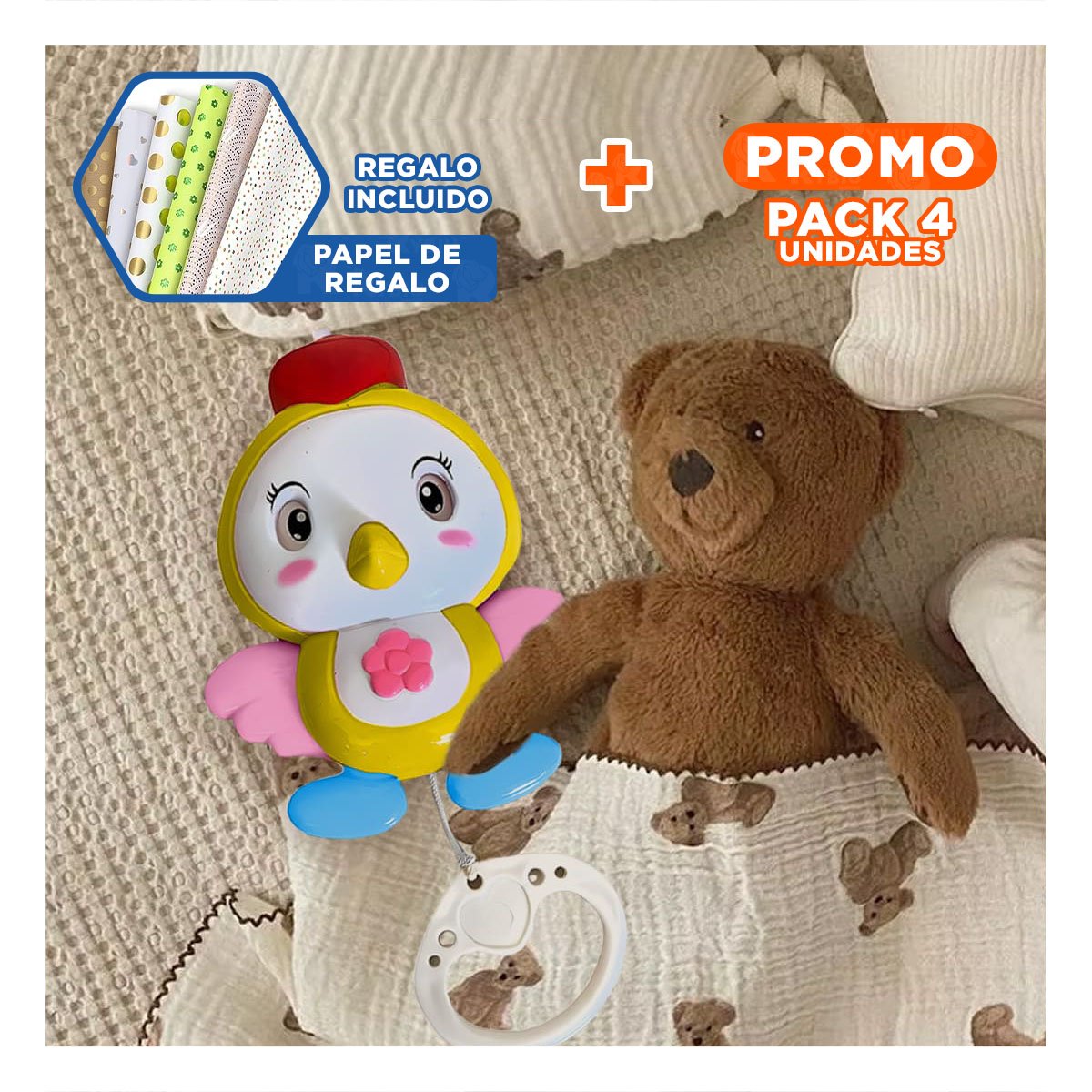 PACK4 ELEMENTO DECORATIVO MUSICAL AMARILLO PARA CUNA CON FIGURA DE PAJARO Y+PAPEL REGALO - 1