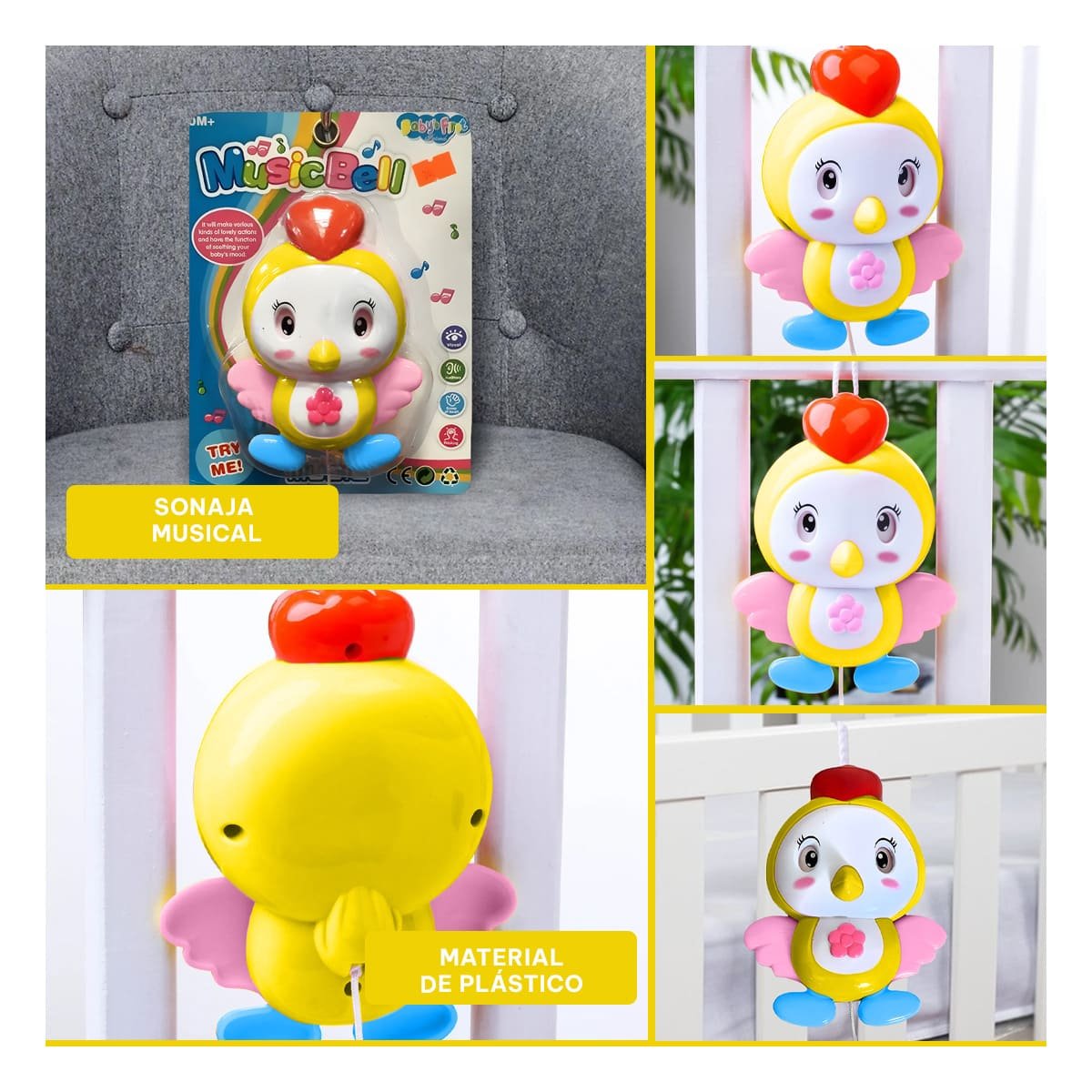 MOVIL PAJARO MUSICAL AMARILLO PARA CUNA CON ESTILO DELICADO - 5