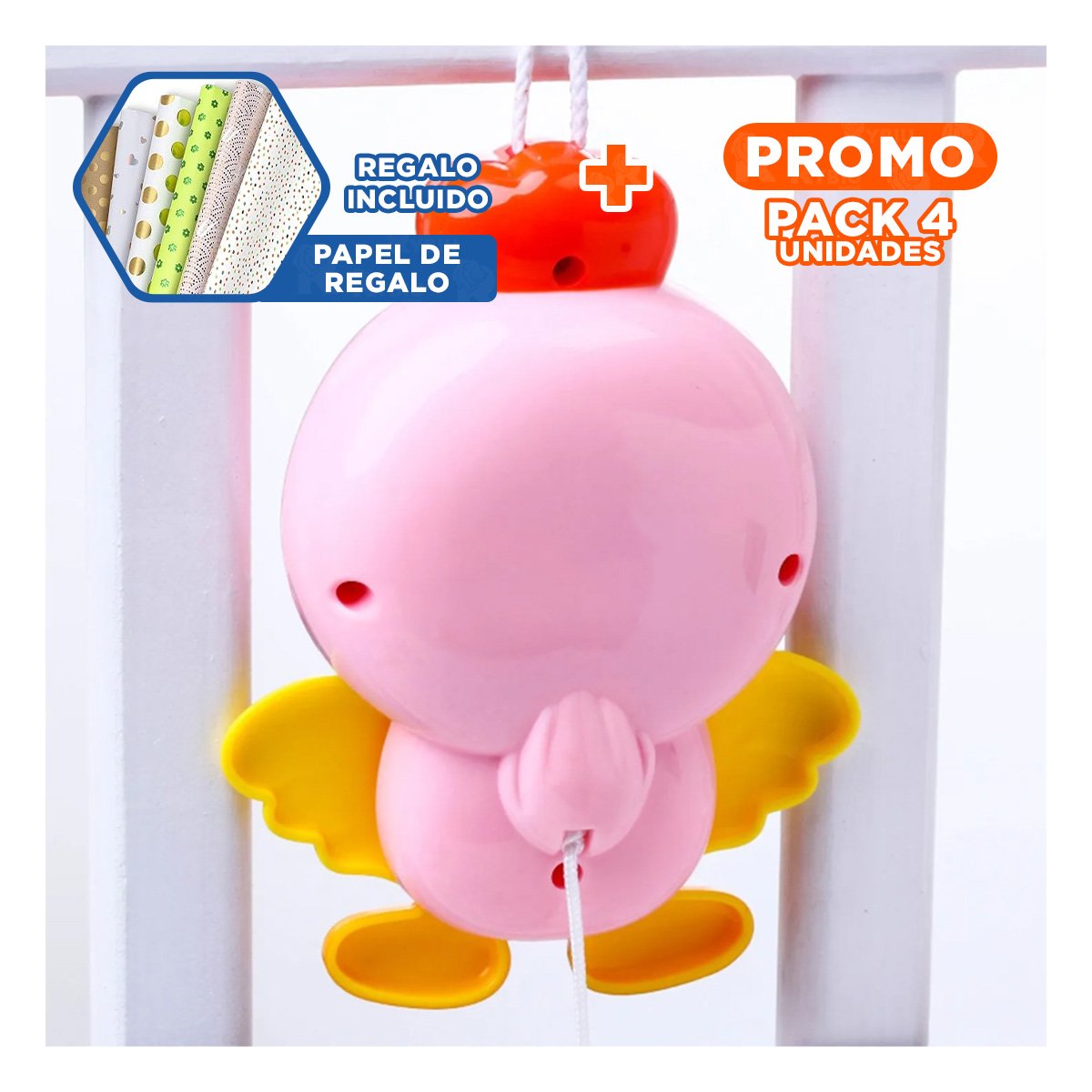 PACK4 FIGURA MUSICAL ROSADA CON FORMA DE PAJARO Y SONIDO SUAVE Y+PAPEL REGALO - 1