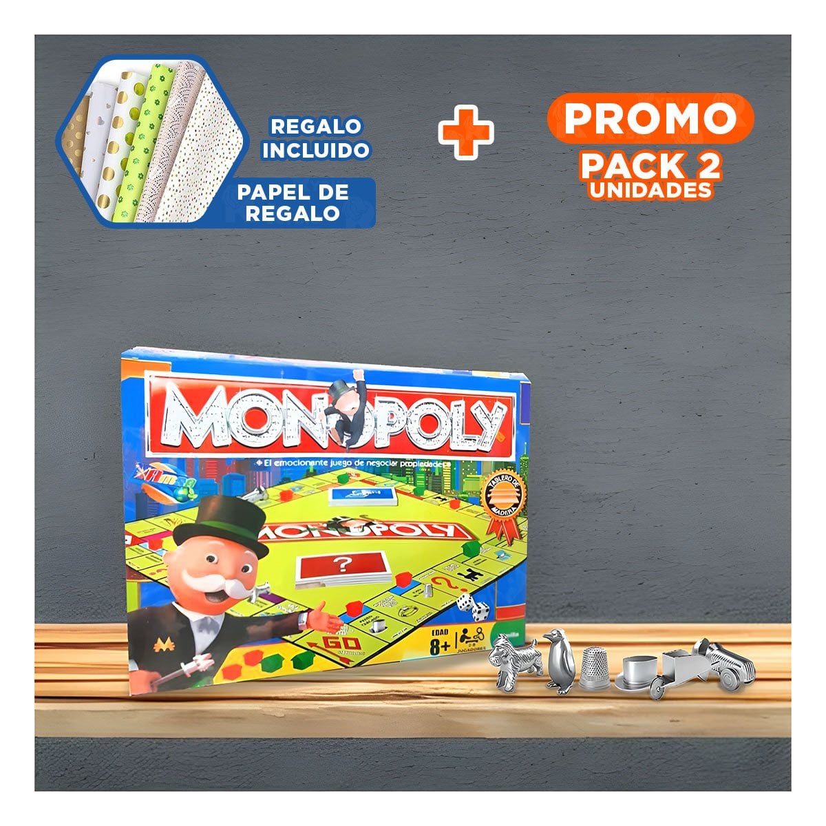 PACK2 CLASICO MONOPOLIO TRADICIONAL PARA JUEGO DE MESA EN CASA Y+PAPEL REGALO - 1