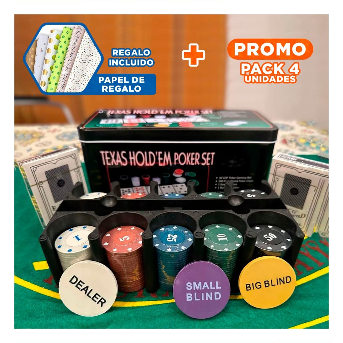 PACK4 SET DE MESA POKER TEXAS FAMILIAR Y+PAPEL DE REGALO - 1
