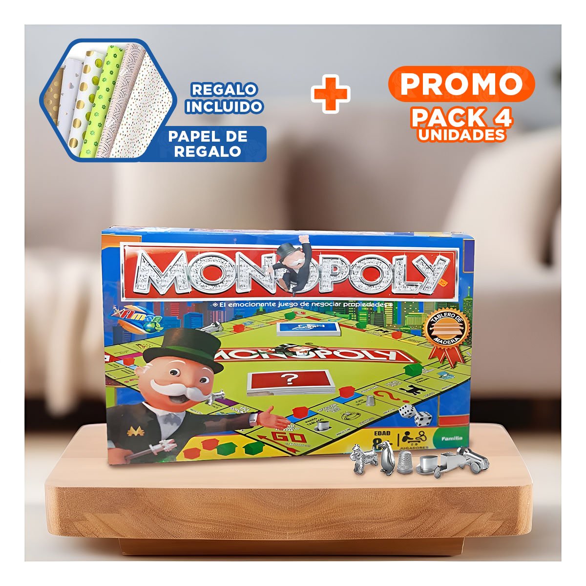 PACK4 CLASICO MONOPOLIO CON TABLERO DE MADERA MULTICOLOR DECORATIVO Y+PAPEL REGALO - 1
