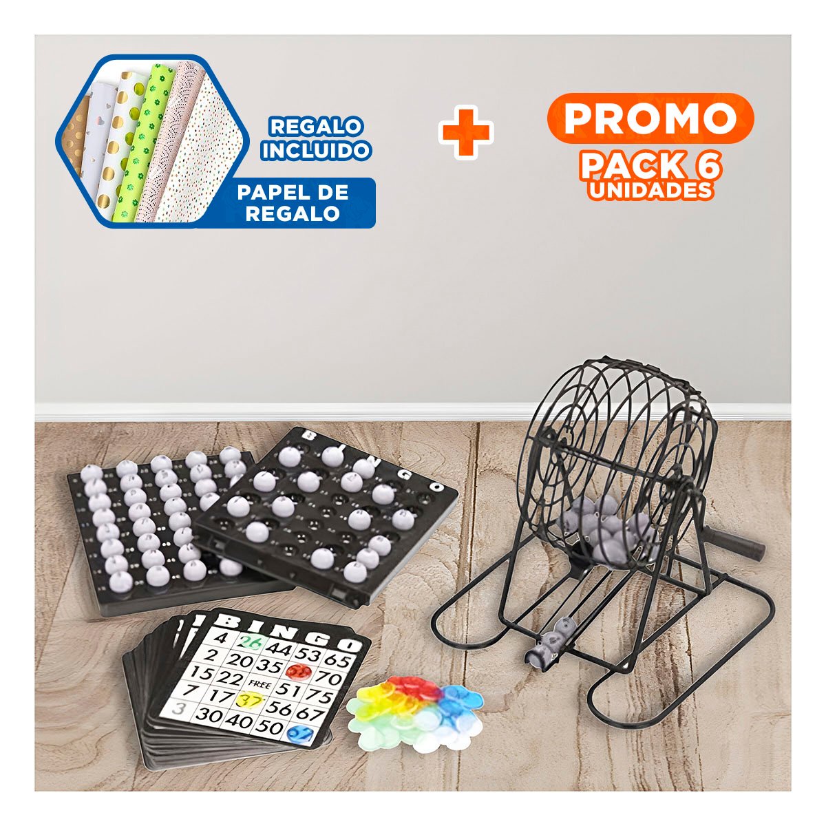 PACK6 FAMILIAR SET BINGO DE METAL CON 18 CARTILLAS Y 75 NUMEROS COMPLETOS Y+PAPEL REGALO - 1