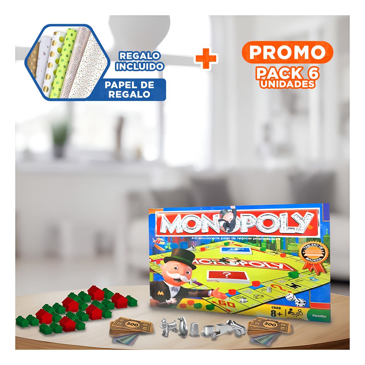 PACK6 ESTRATEGIA MONOPOLIO TRADICIONAL CON TABLERO DE MADERA MULTICOLOR Y+PAPEL REGALO - 1