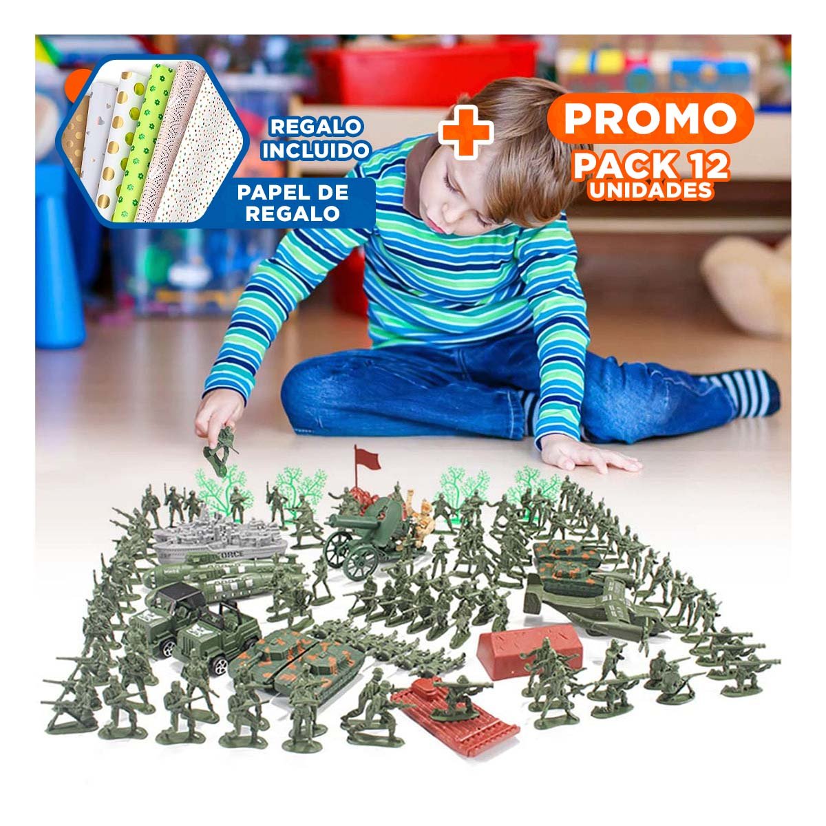 PACK12 JUGUETE SOLDADITOS CON ACCESORIO Y+PAPEL DE REGALO - 1