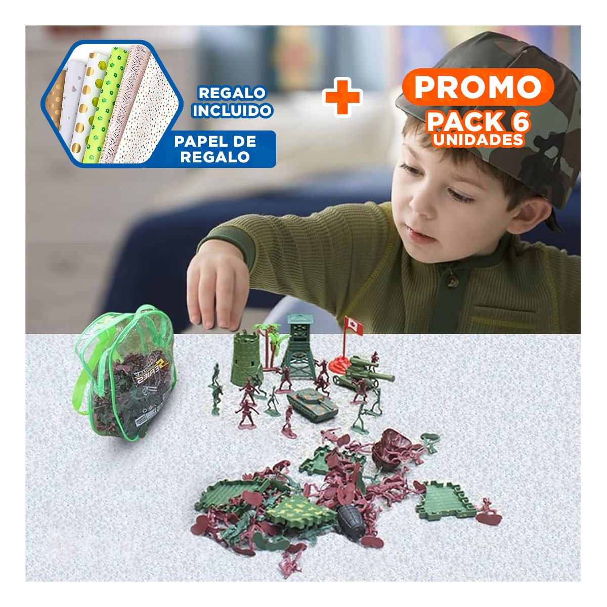 PACK6 FIGURITAS DE SOLDADITOS EQUIPADOS Y+PAPEL DE REGALO - 1