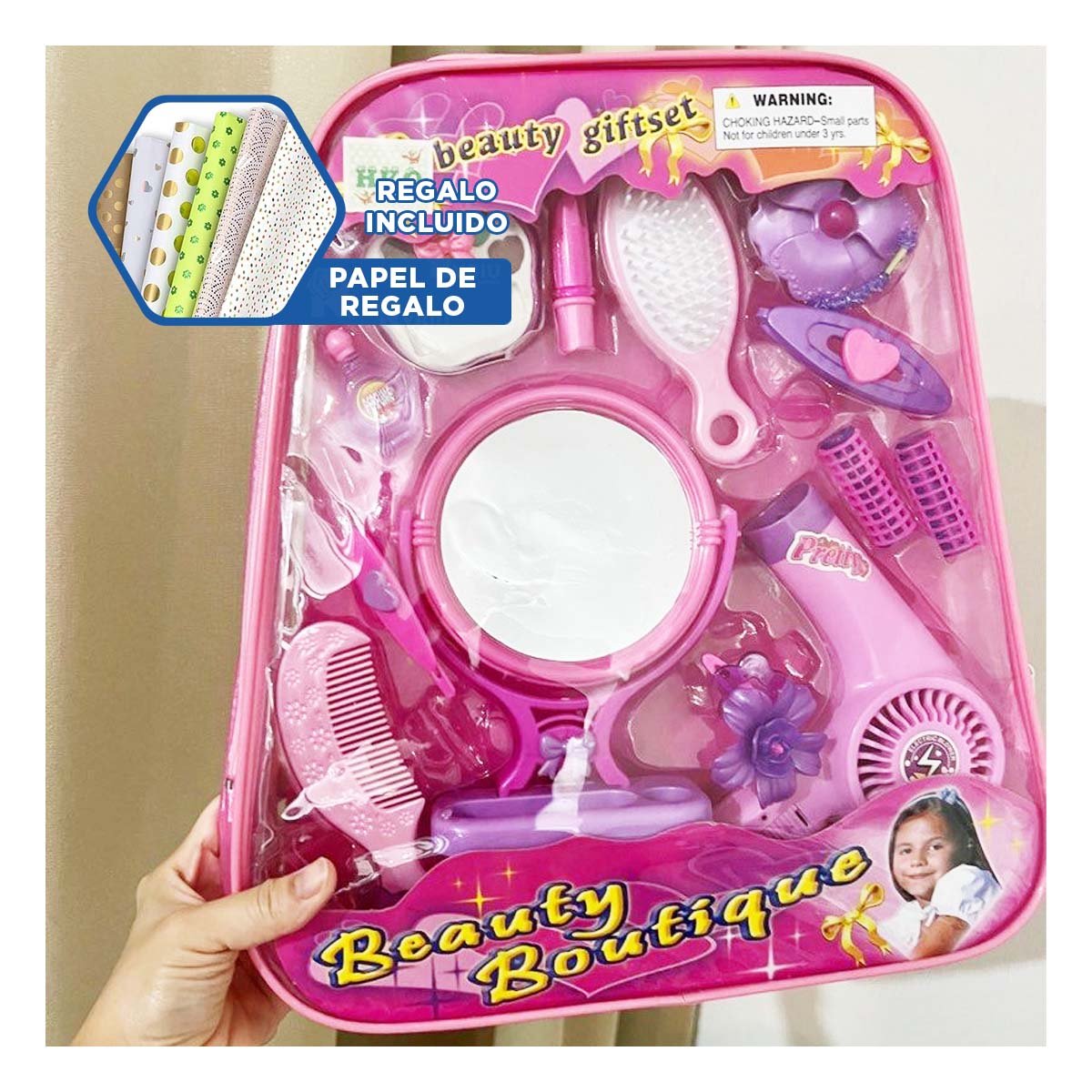 KIT BELLEZA COMPLETO PEINE ESPEJO Y OTROS Y+PAPEL DE REGALO - 1