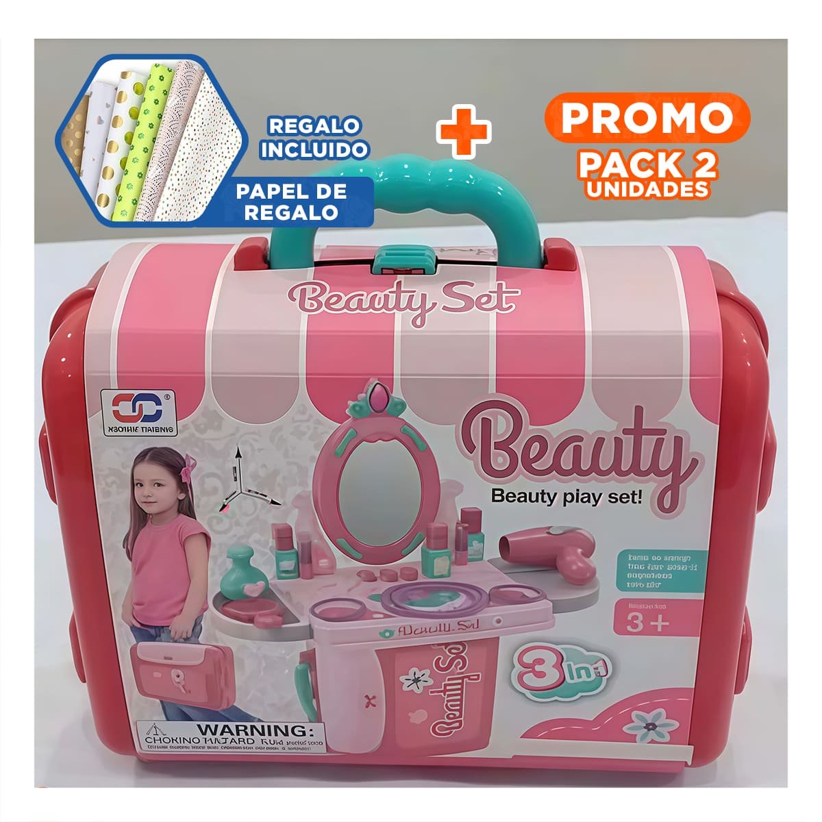 PACK2 MALETA TOCADOR INFANTIL EN ROSADO Y+PAPEL DE REGALO - 1