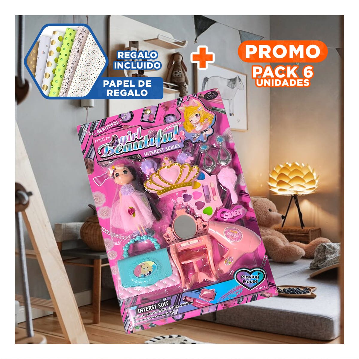 PACK6 ALTERNATIVA CREATIVA DE ACCESORIOS DE MAQUILLAJE Y FIGURA YPAPEL REGALO - 1