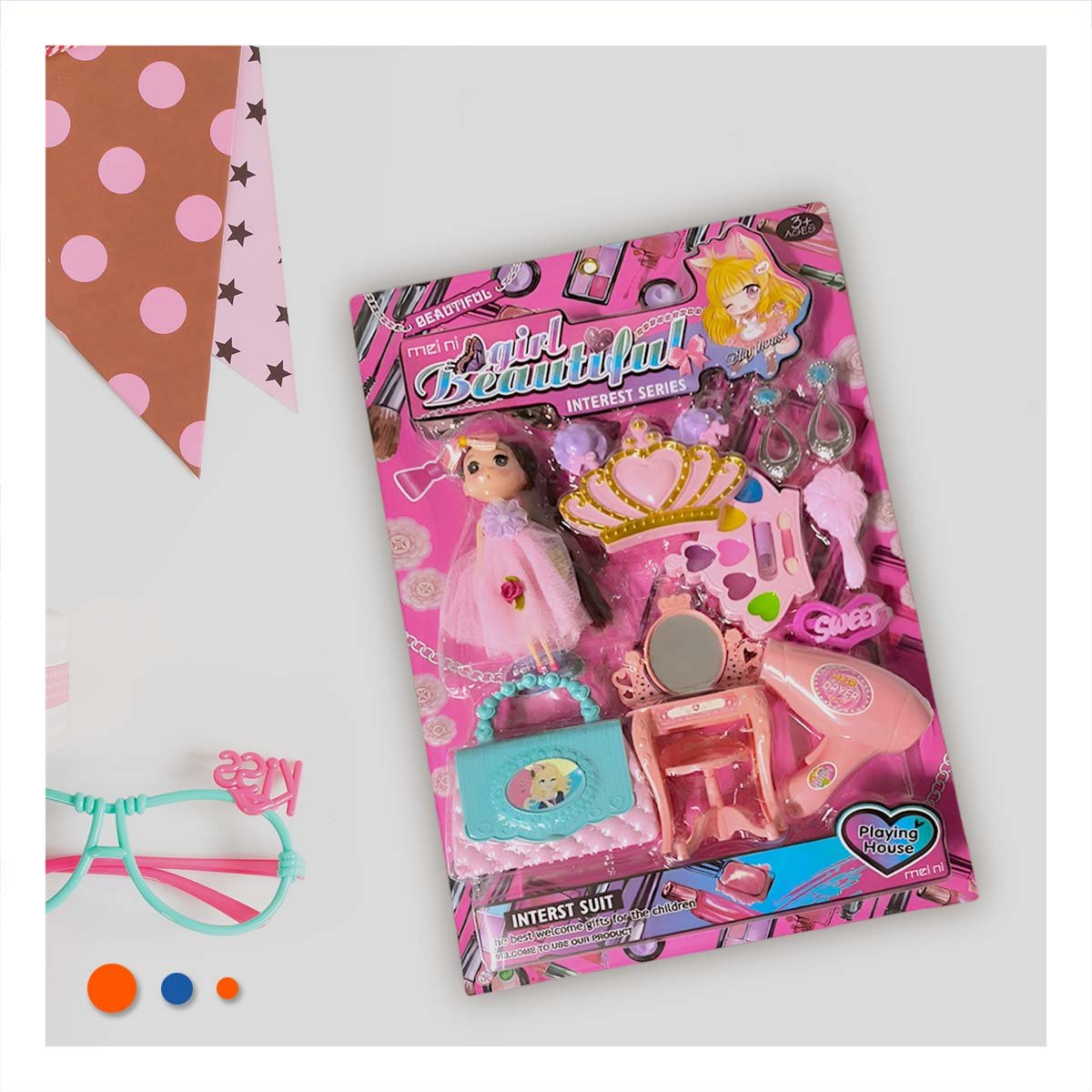 ACCESORIOS DE MUNECA CON MAQUILLAJE PARA NINAS EN ROSADO - 3