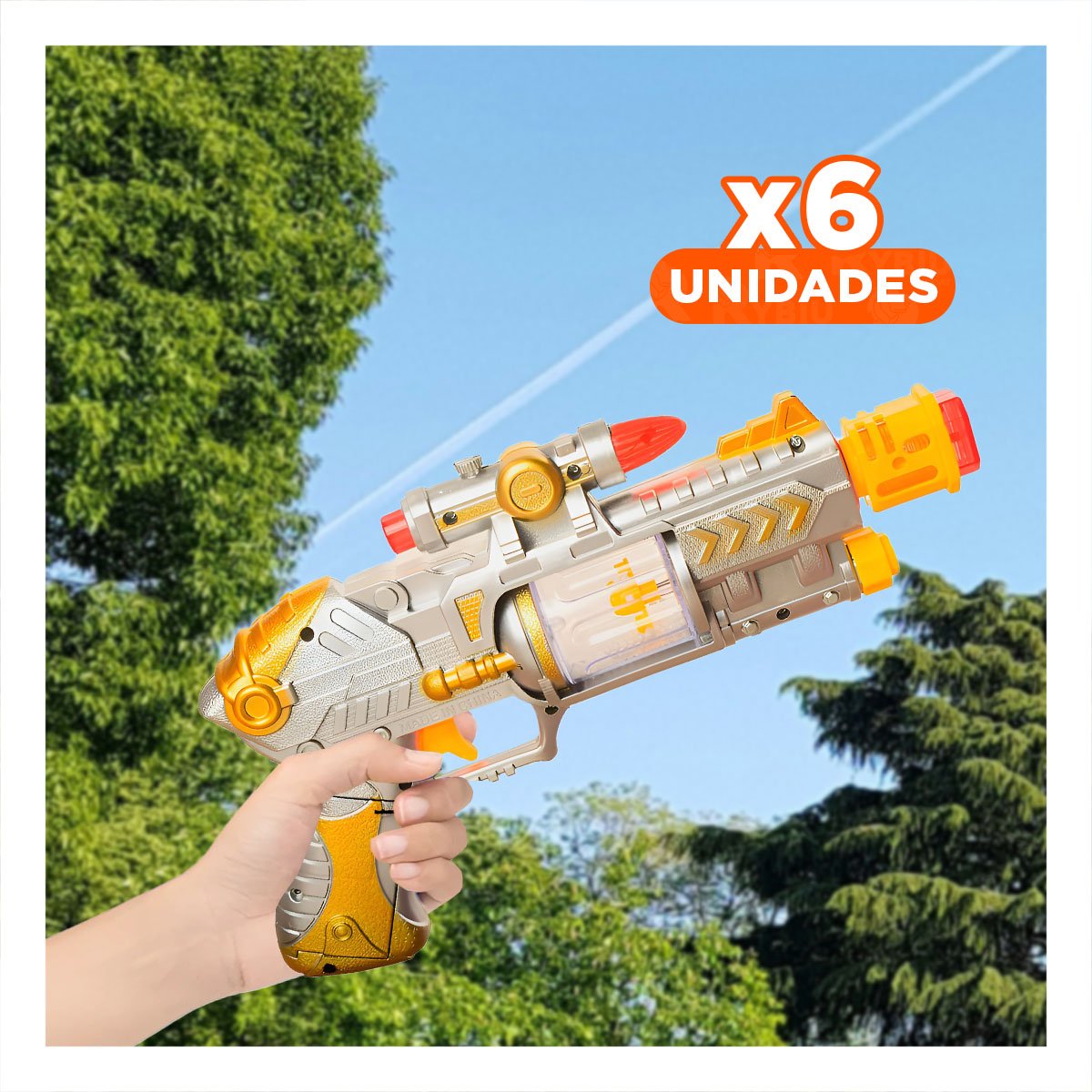 PACK6 LANZADOR DE SONIDO LASER PLATEADO CON LUZ PARA JUEGO DINAMICO Y+REGALO STICKER - 1