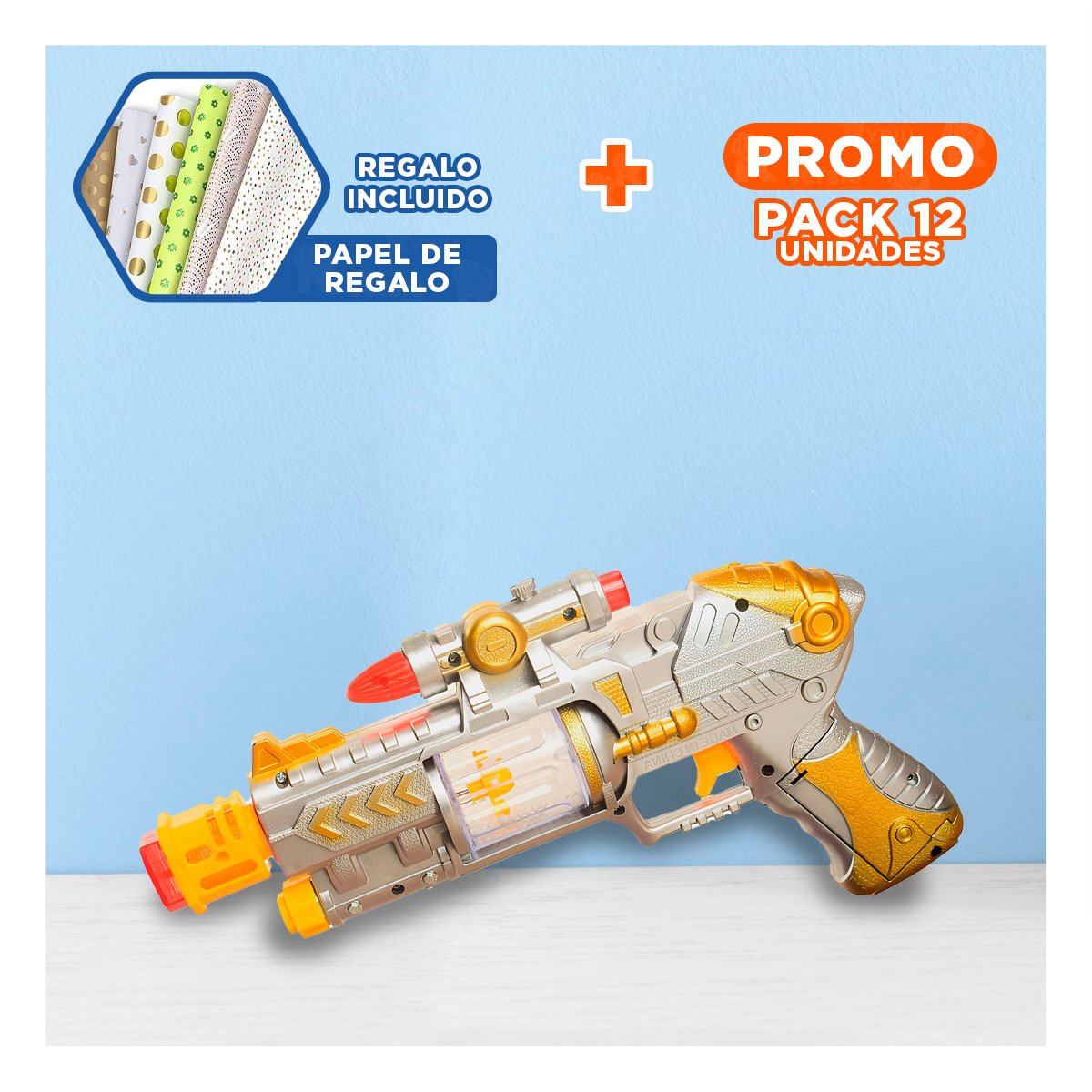 PACK12 EMISOR DE SONIDO LASER PLATEADO CON EFECTOS LUMINOSOS PARA DIVERSION Y+PAPEL REGALO - 1