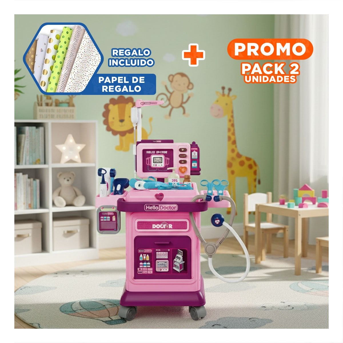 PACK2 PUESTO DE DOCTOR MOVIL CON CARRITO Y ACCESORIOS EDUCATIVOS YPAPEL REGALO - 1