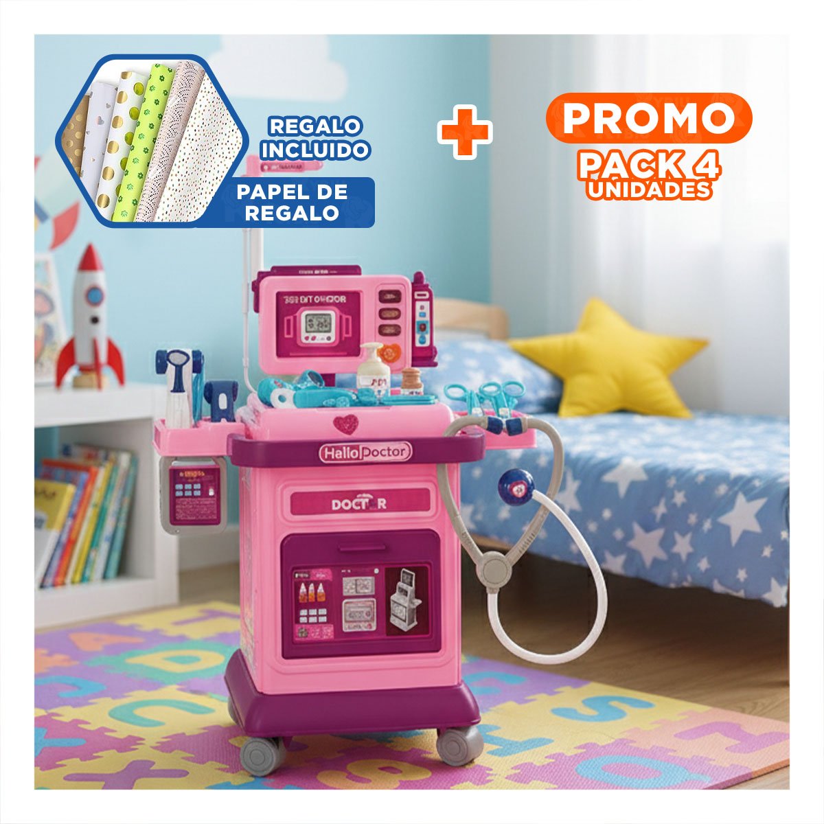PACK4 SET CARRITO DE MEDICO COMPLETO KID Y+PAPEL DE REGALO - 1
