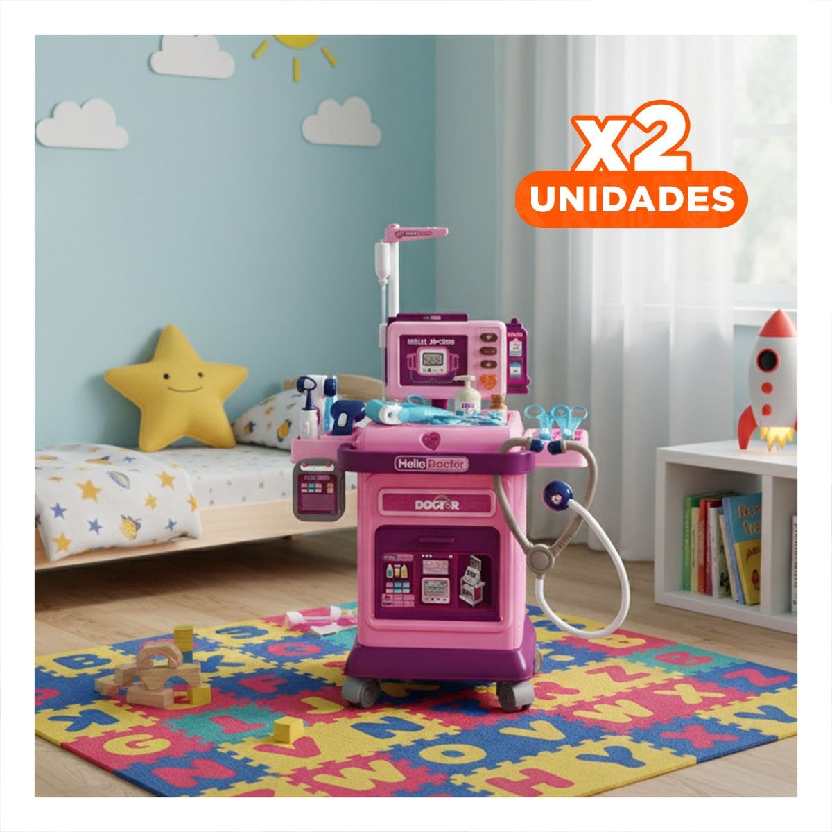 PACK2 CENTRO DE DOCTOR INFANTIL CON CARRITO PARA JUEGO DE ROL YREGALO STICKER - 1