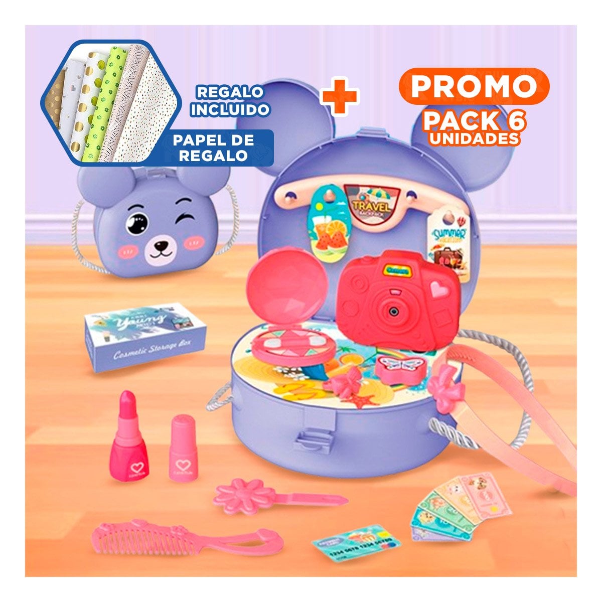 PACK6 MALETIN CON OREJITAS PARA NINAS Y ACCESORIOS DE JUEGO DIARIO YPAPEL REGALO - 1