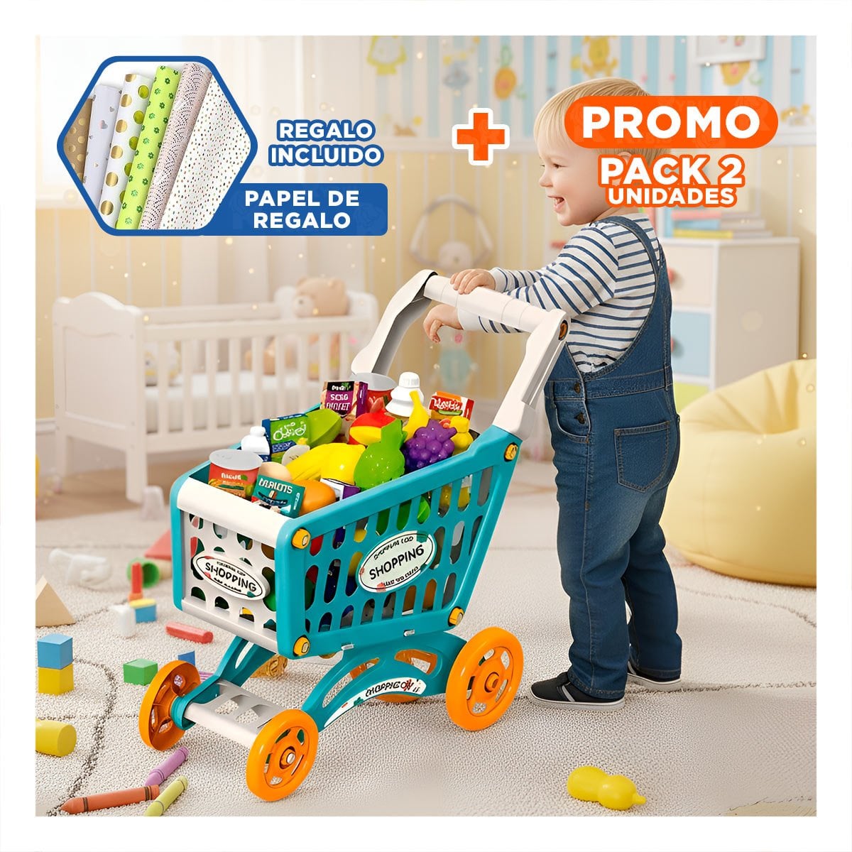 PACK2 CARRITO DE COMPRAS CON COMIDA KIDS Y+PAPEL DE REGALO - 1