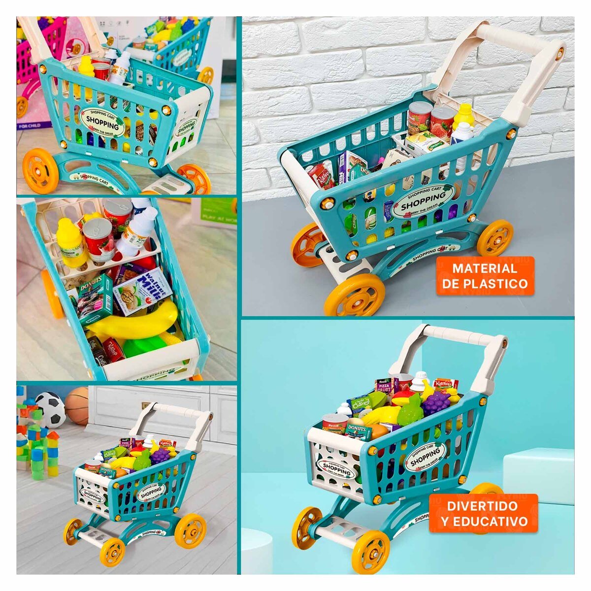 PACK2 CARRITO DE COMPRAS CON COMIDA KIDS Y+PAPEL DE REGALO - 5