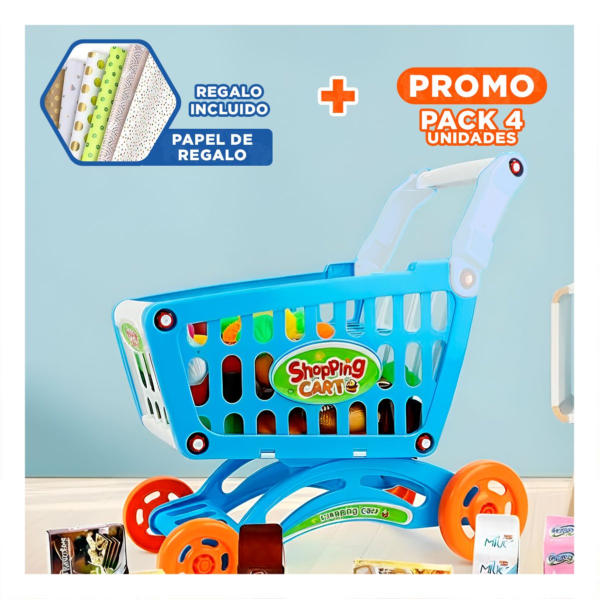 PACK4 JUGUETE DE SUPERMERCADO CON FRUTAS Y+PAPEL DE REGALO - 1