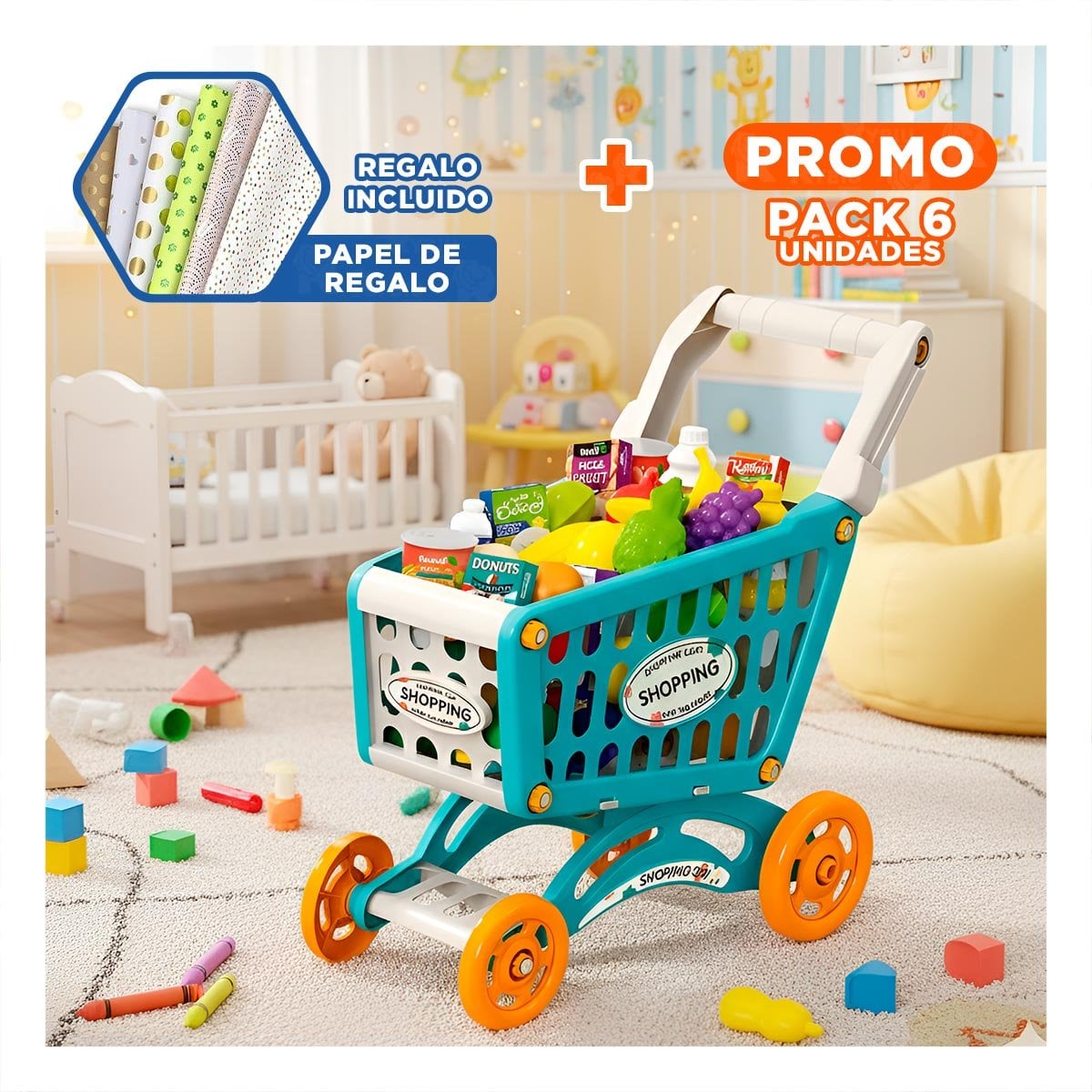 PACK6 JUGUETE SUPER INFANTIL CON ALIMENTOS Y+PAPEL DE REGALO - 1
