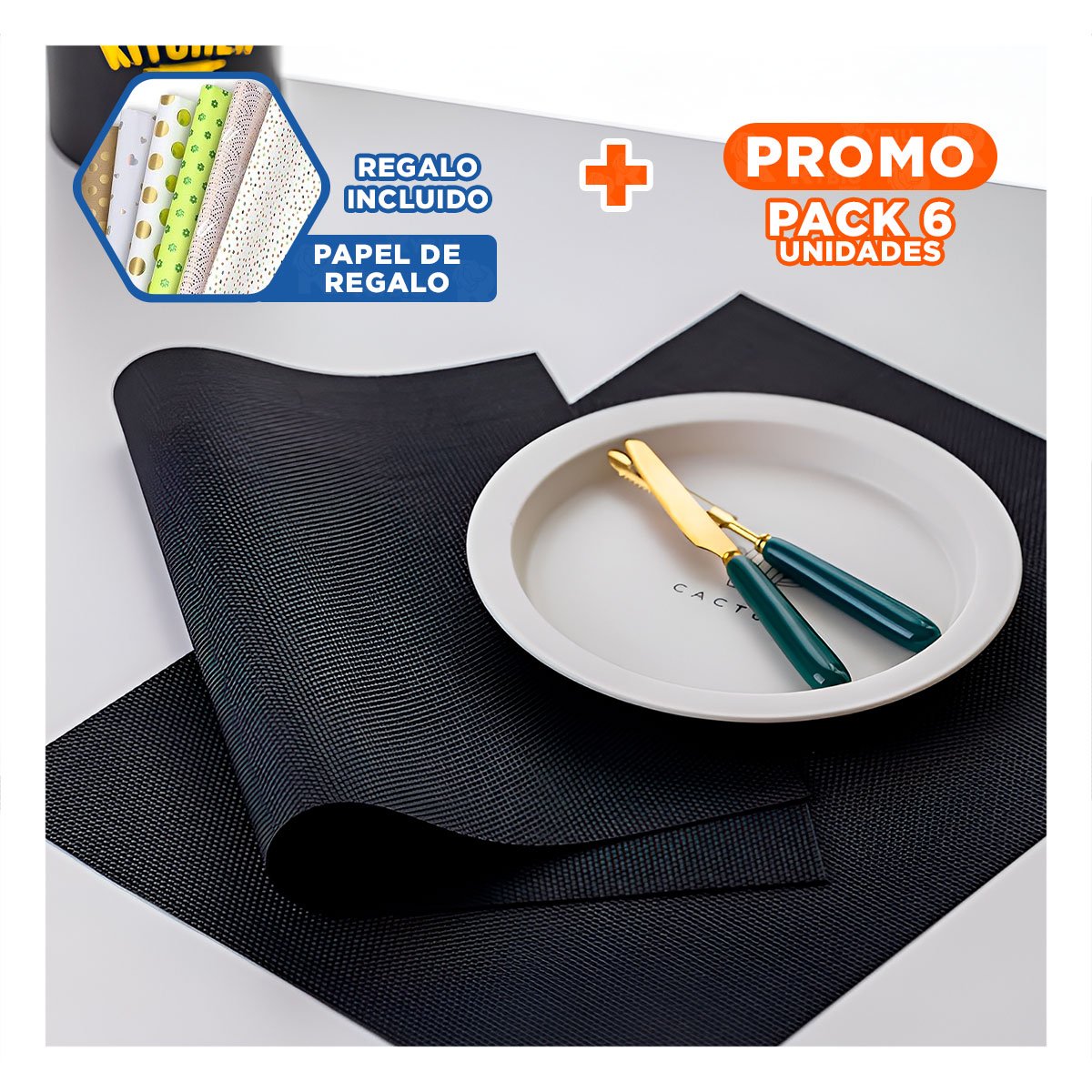 PACK6 SET DE MESA INDIVIDUALES RECTANGULARES NEGRO 6 PIEZAS Y+PAPEL REGALO - 1
