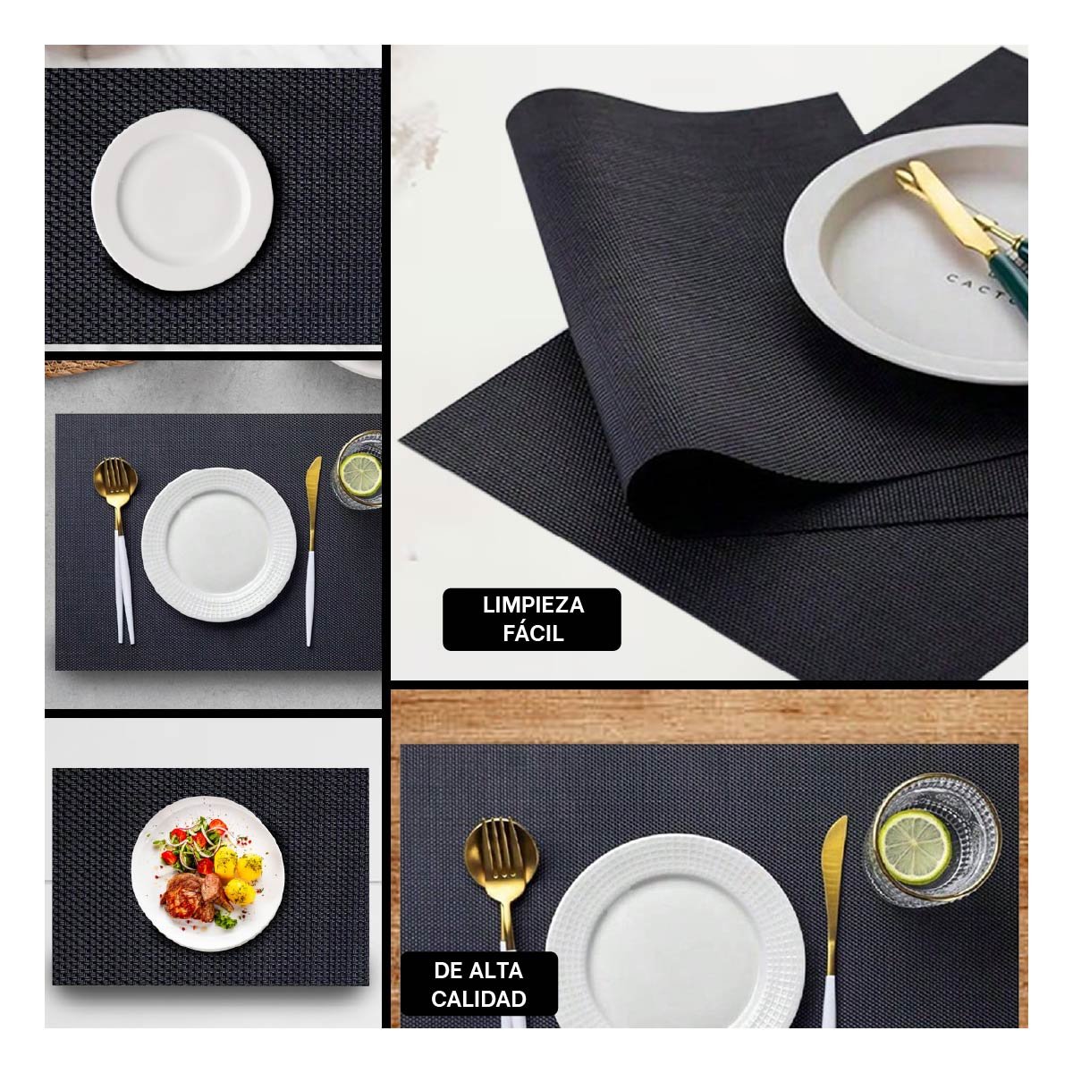 PACK4 SET DE MESA INDIVIDUALES RECTANGULARES NEGRO 6 PIEZAS FACIL DE USAR Y+REGALO STICKER - 2