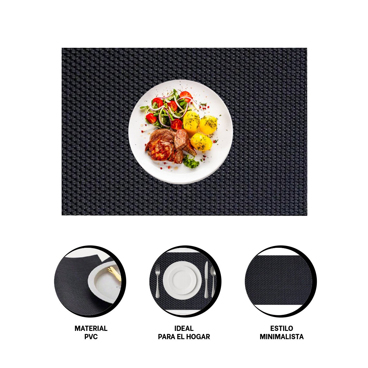INDIVIDUALES DE MESA RECTANGULAR NEGRO 6 PIEZAS RESISTENTE Y PRACTICO PARA HOGAR - 3
