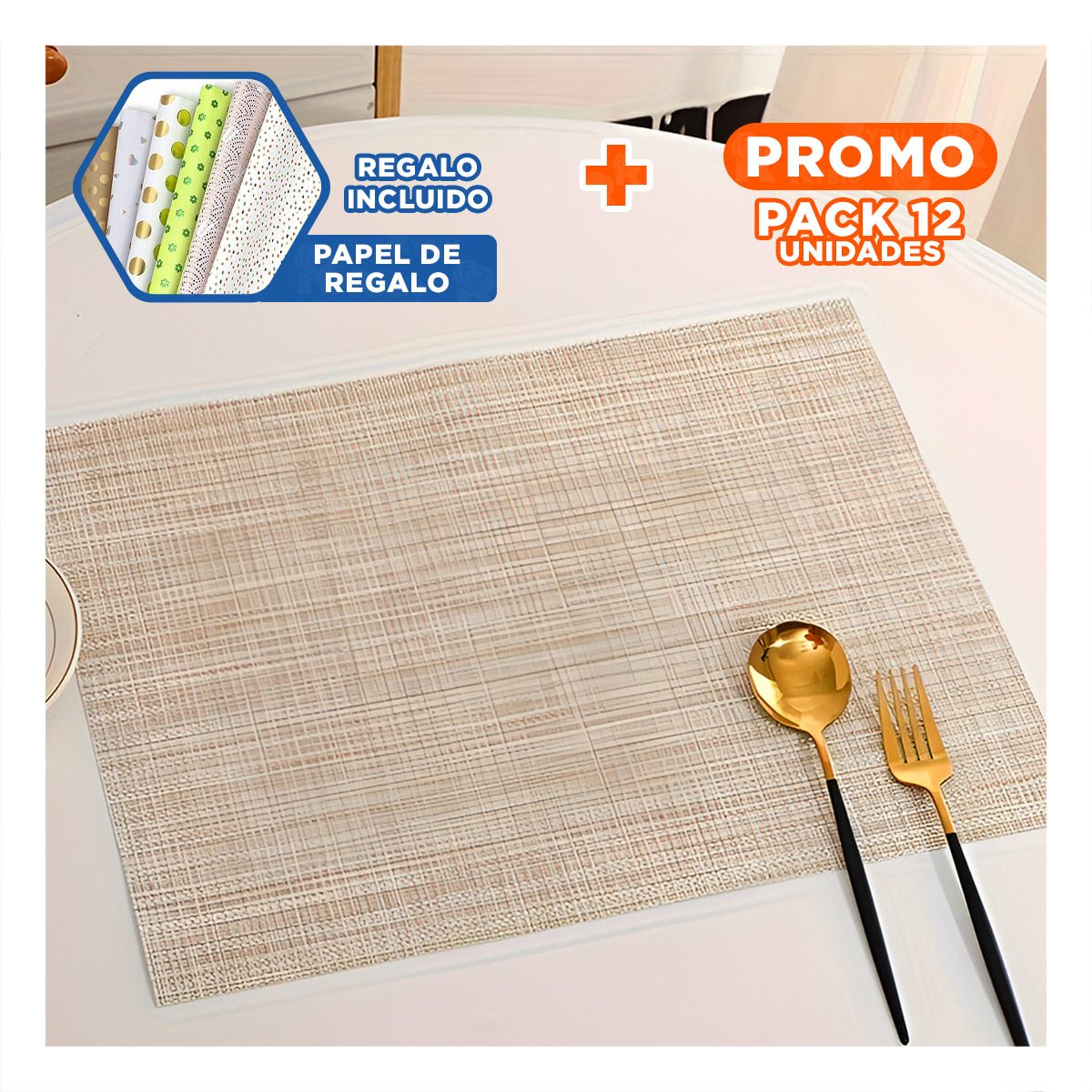 PACK12 CONTENEDOR DE MESA INDIVIDUALES MOSTAZA JASPEADO 6 PIEZAS FACIL DE USAR Y+PAPEL REGALO - 1