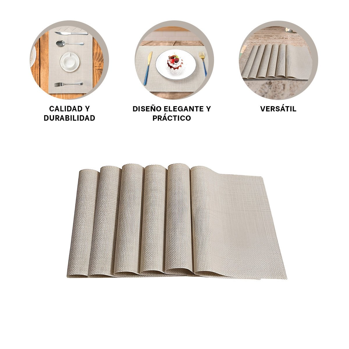 INDIVIDUALES DE MESA BEIGE 6 PIEZAS RESISTENTE Y PRACTICO PARA COCINA O COMEDOR - 3
