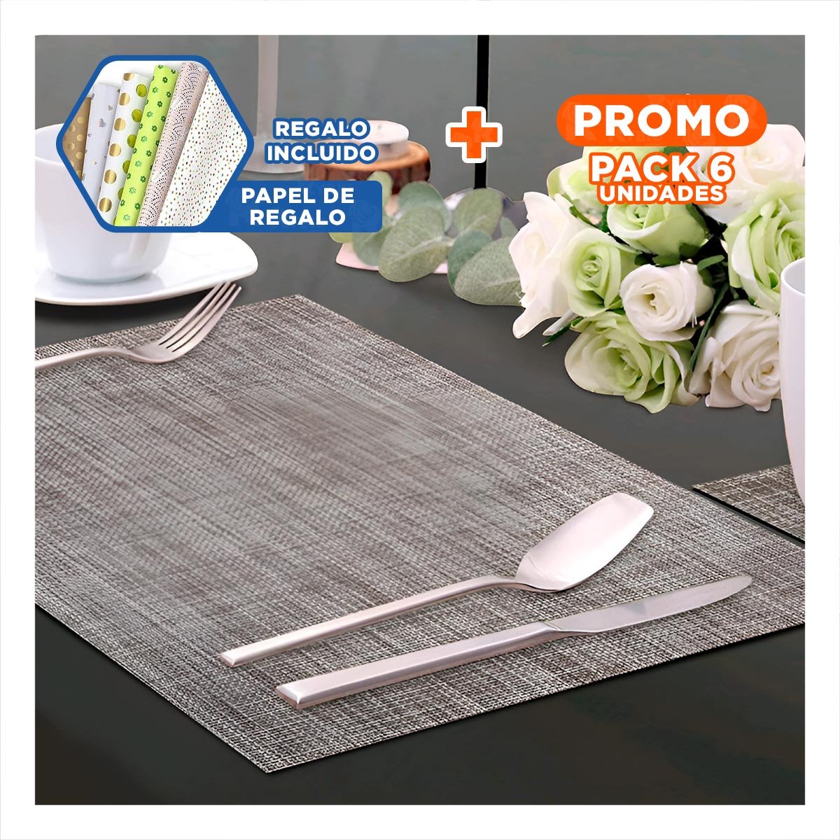 PACK6 SET DE MESA INDIVIDUALES PLOMO JASPEADO 6 PIEZAS ORGANIZADO Y PRACTICO Y+PAPEL REGALO - 1