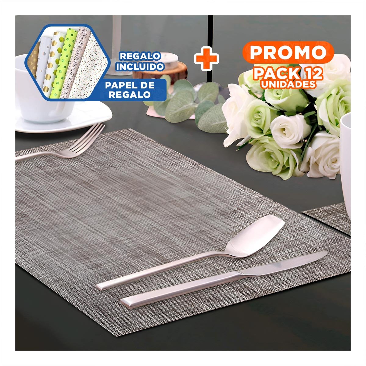 PACK12 CONTENEDOR DE MESA INDIVIDUALES PLOMO JASPEADO 6 PIEZAS FACIL DE USAR Y+PAPEL REGALO - 1