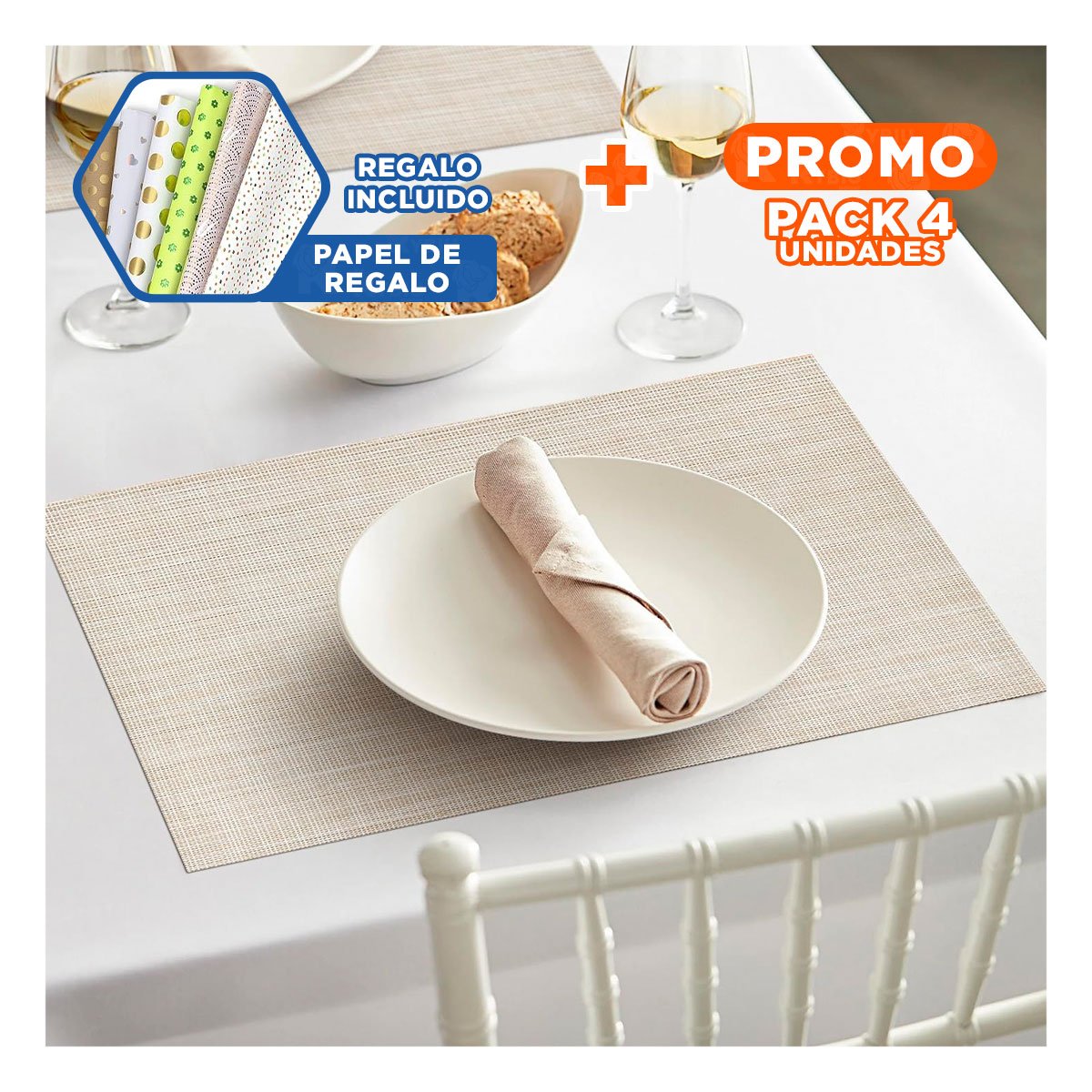 PACK4 SET DE MESA INDIVIDUALES BEIGE 6 PIEZAS PRACTICO Y SEGURO Y+PAPEL REGALO - 1