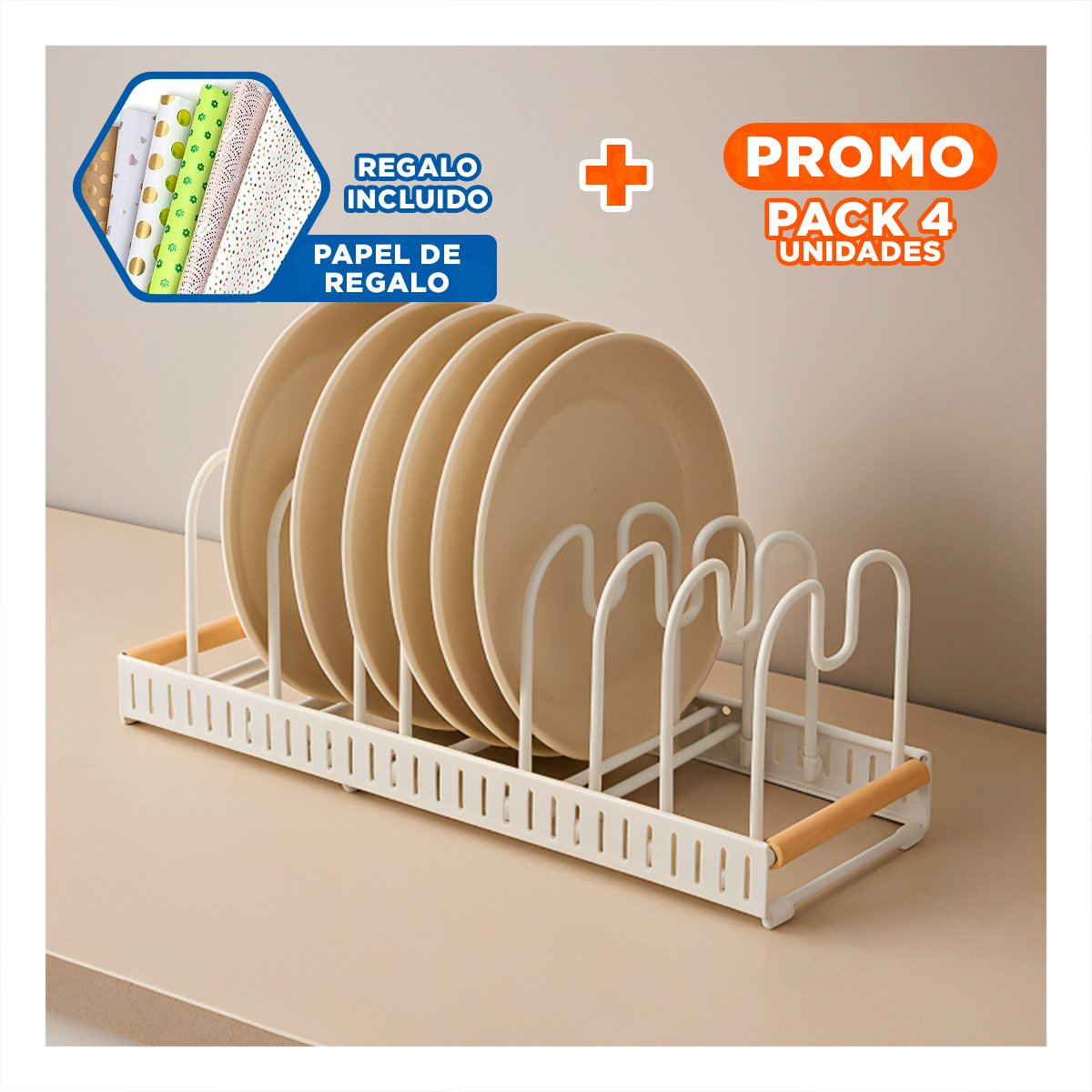 PACK4 ESTRUCTURA AJUSTABLE BLANCO BORDE MADERA ORDEN Y PREPARACION FACIL DIARIA Y+PAPEL REGALO - 1