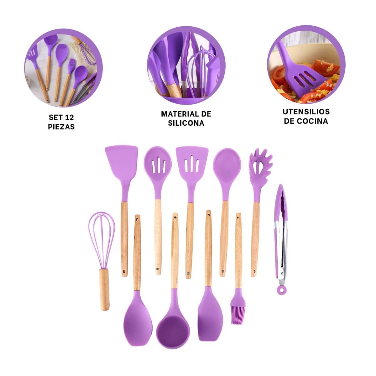 UTENSILIOS DE COCINA 12 PIEZAS DE SILICONA FLEXIBLES Y RESISTENTES COLOR MORADO - 3