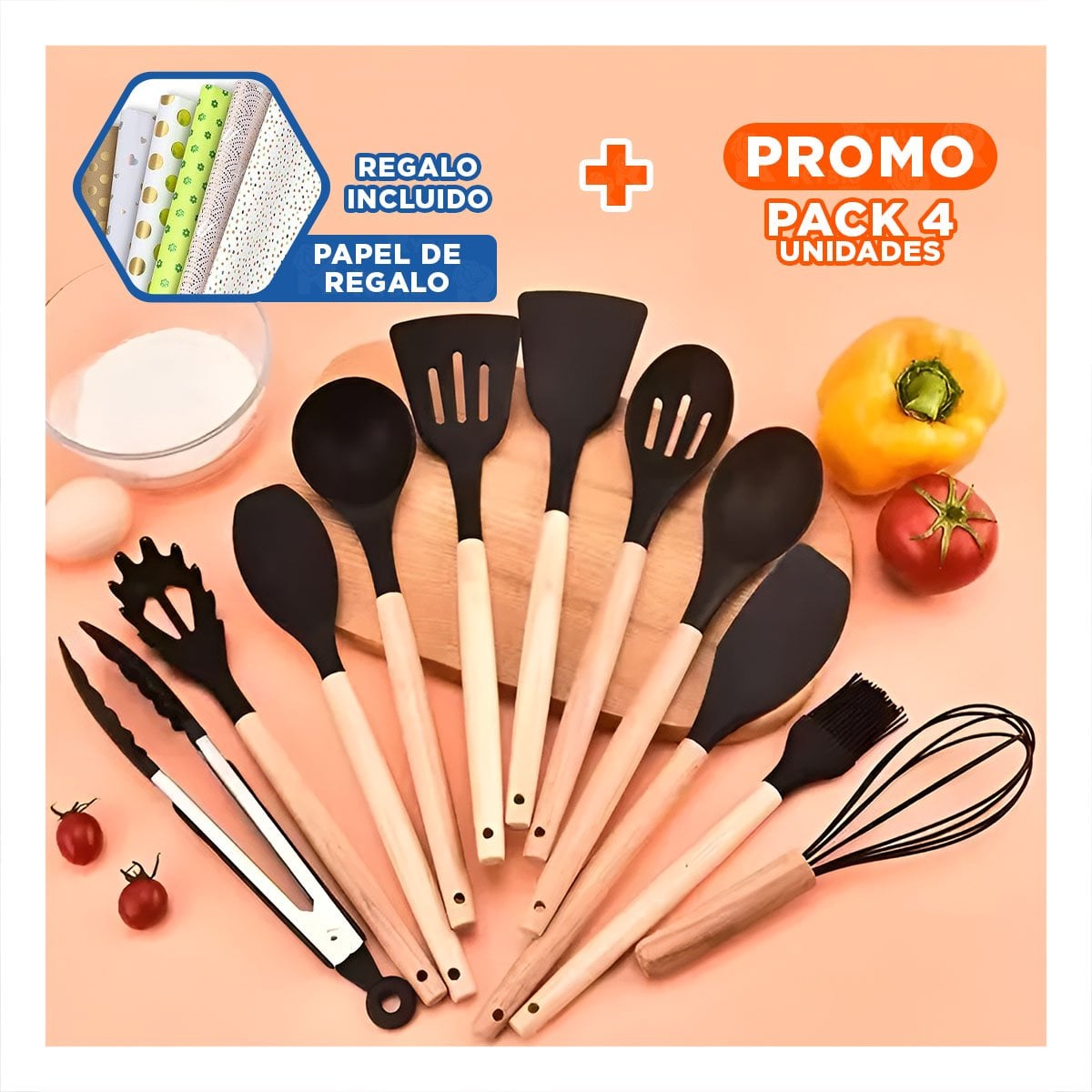 PACK4 PAQUETE DE COCINA UTENSILIOS DE SILICONA NEGRO SEGUROS Y ANTIDESLIZANTES Y+PAPEL REGALO - 1