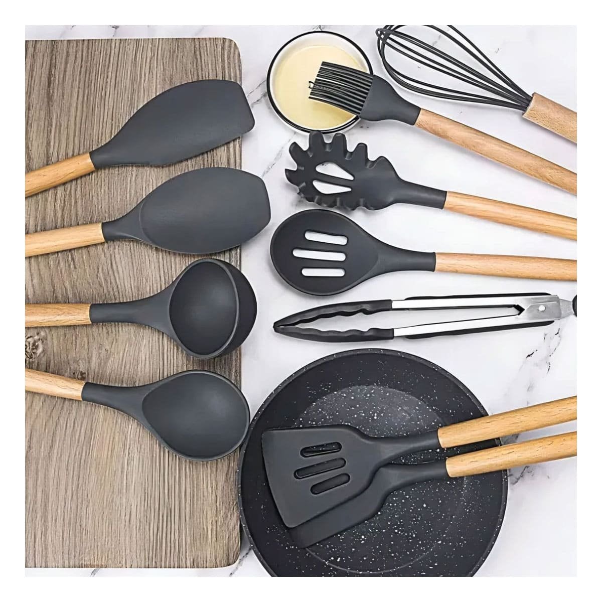 UTENSILIOS DE COCINA 12 PIEZAS DE SILICONA NEGRO FLEXIBLES Y RESISTENTES COLOR NEGRO - 1