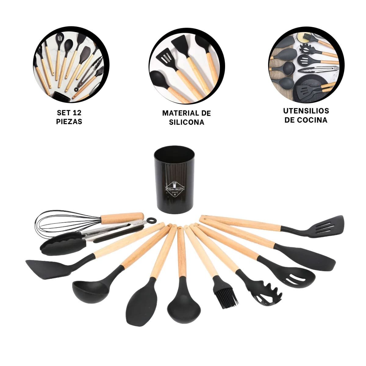 UTENSILIOS DE COCINA 12 PIEZAS DE SILICONA NEGRO FLEXIBLES Y RESISTENTES COLOR NEGRO - 3