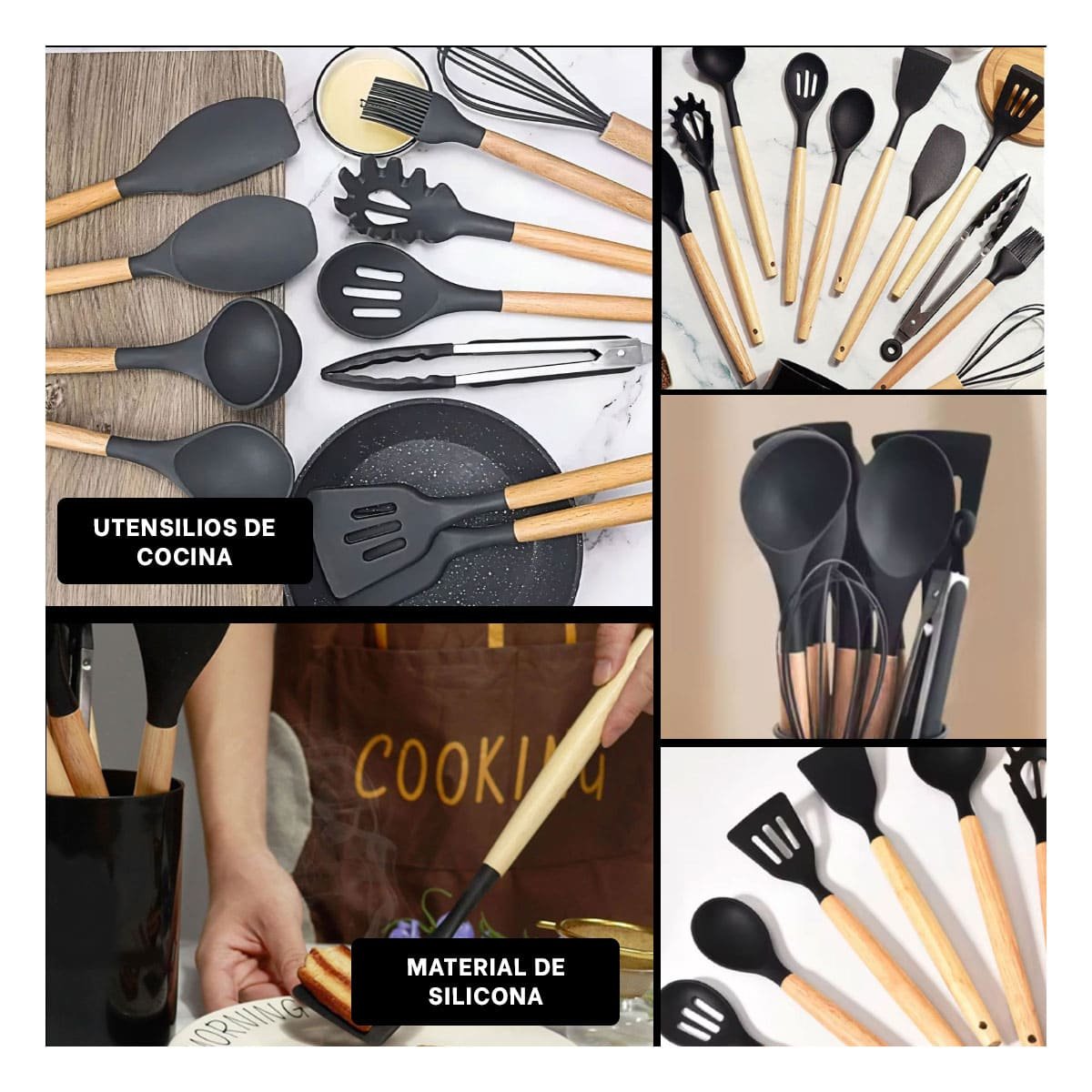 UTENSILIOS DE COCINA 12 PIEZAS DE SILICONA NEGRO FLEXIBLES Y RESISTENTES COLOR NEGRO - 5