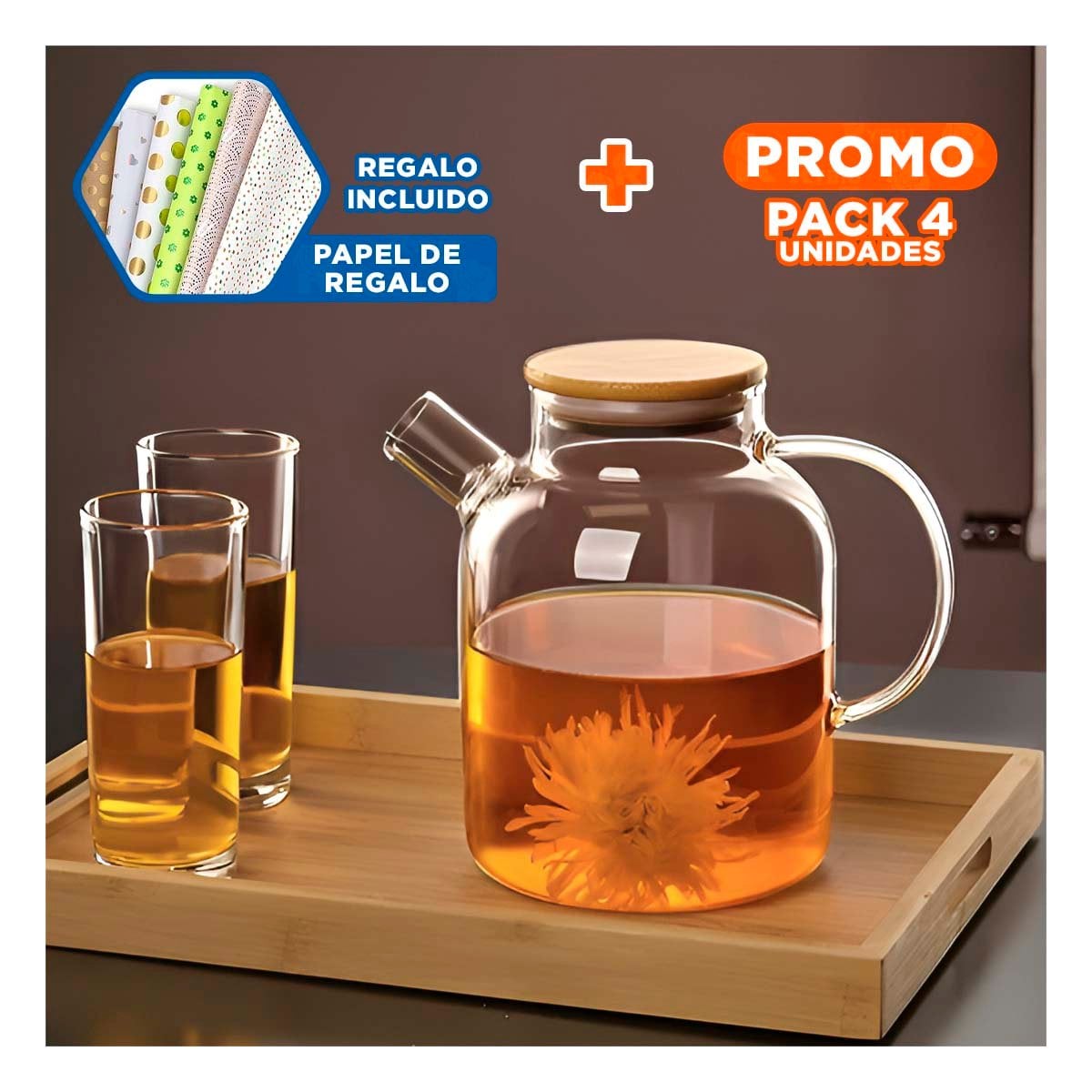 PACK4 DISPENSADOR DE VIDRIO 1.5L CON TAPA DE MADERA Y FILTRO EN PICO Y+PAPEL REGALO - 1
