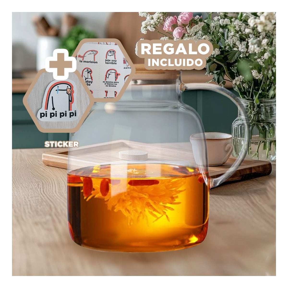 RECIPIENTE DE VIDRIO 1.8L CON TAPA DE MADERA Y FILTRO INCLUIDO PARA JUGOS Y+REGALO STICKER - 1