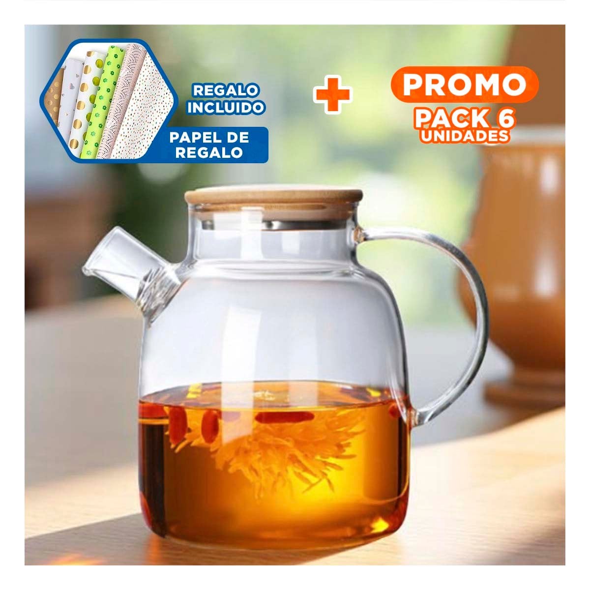 PACK6 ENVASE DE VIDRIO 1.8L CON TAPA DE MADERA Y FILTRO VERSATIL PARA TE Y+PAPEL REGALO - 1