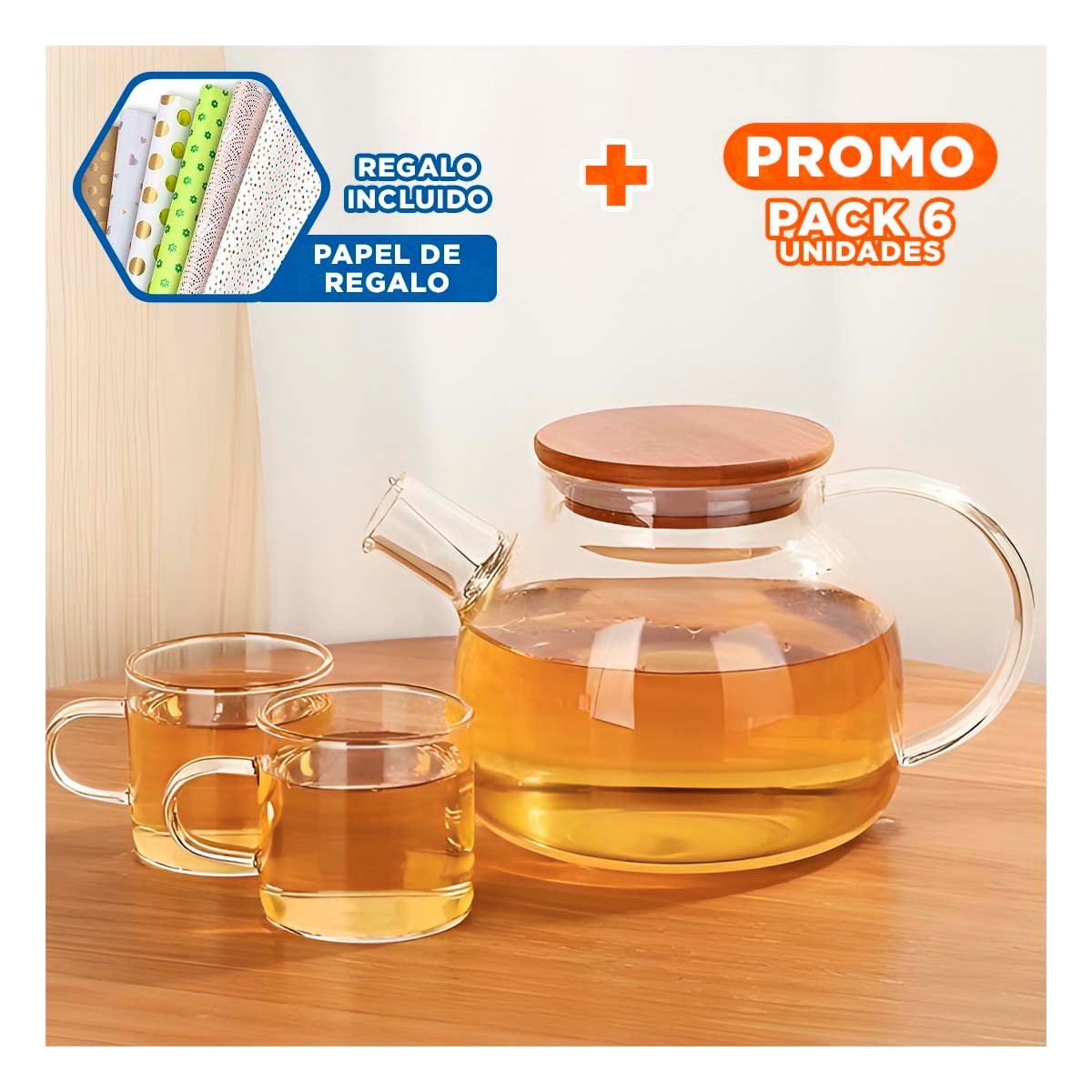 PACK6 DISPENSADOR DE VIDRIO 1L CON TAPA DE MADERA Y FILTRO EN PICO DURABLE Y+PAPEL REGALO - 1