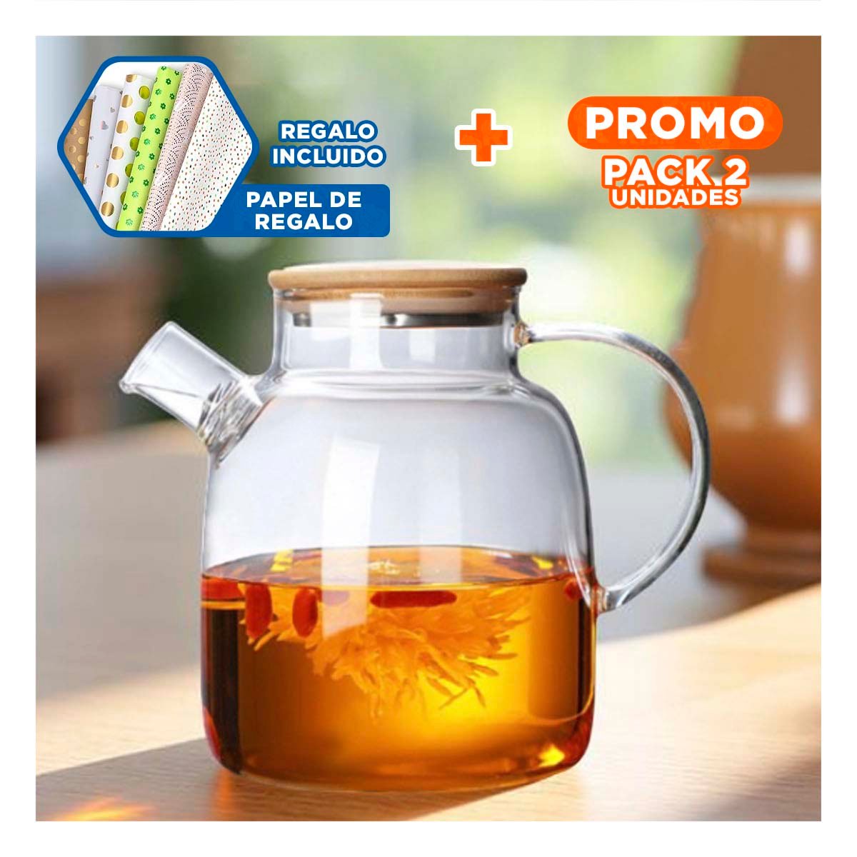 PACK2 DISPENSADOR DE VIDRIO 1.8L CON TAPA DE MADERA Y FILTRO COMODO PARA JUGOS Y+PAPEL REGALO - 1
