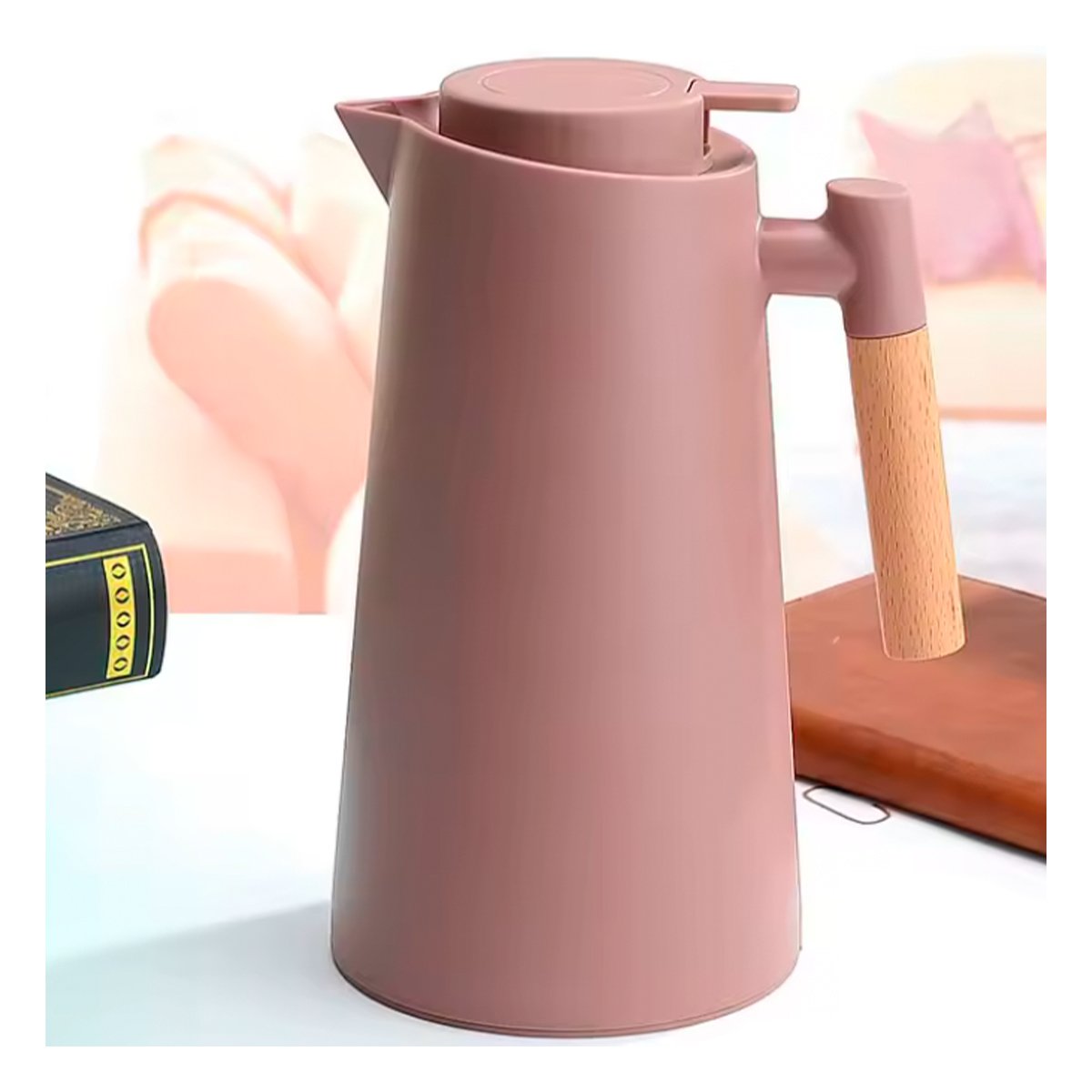 PACK2 JARRA TERMO 1L COLOR MARRON CLARO CON MANGO DE MADERA COMPACTA Y SEGURA PARA CAFE O TE - 2