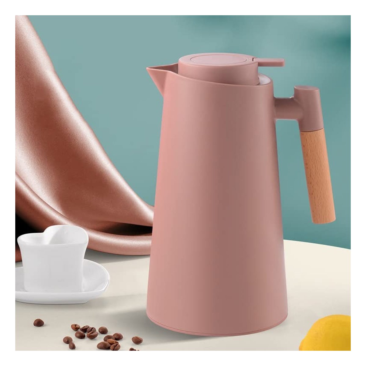 PACK2 JARRA TERMO 1L COLOR MARRON CLARO CON MANGO DE MADERA COMPACTA Y SEGURA PARA CAFE O TE - 5