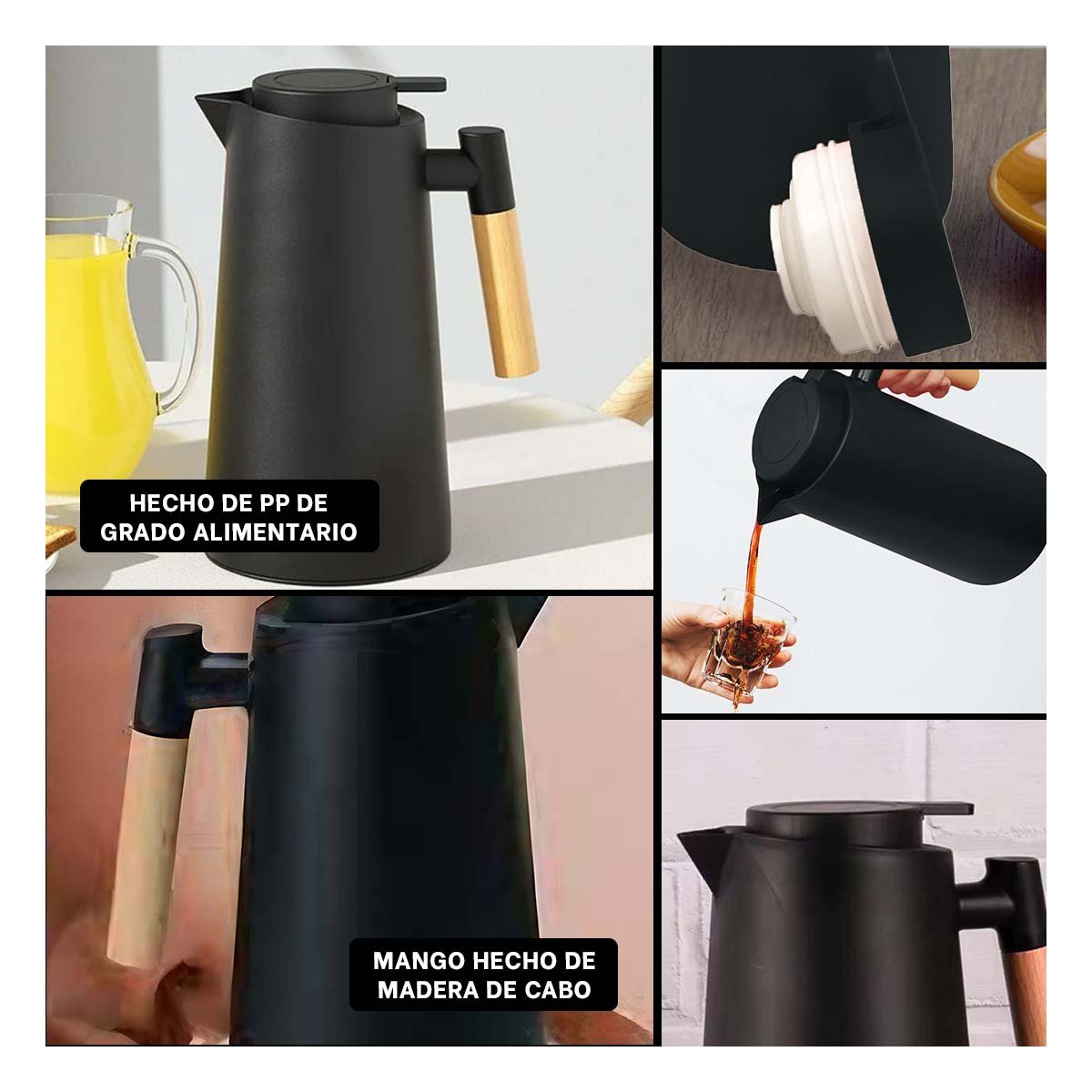 JARRA TERMO 1L COLOR NEGRO CON MANGO DE MADERA DURADERO Y SEGURO PARA COCINA - 5