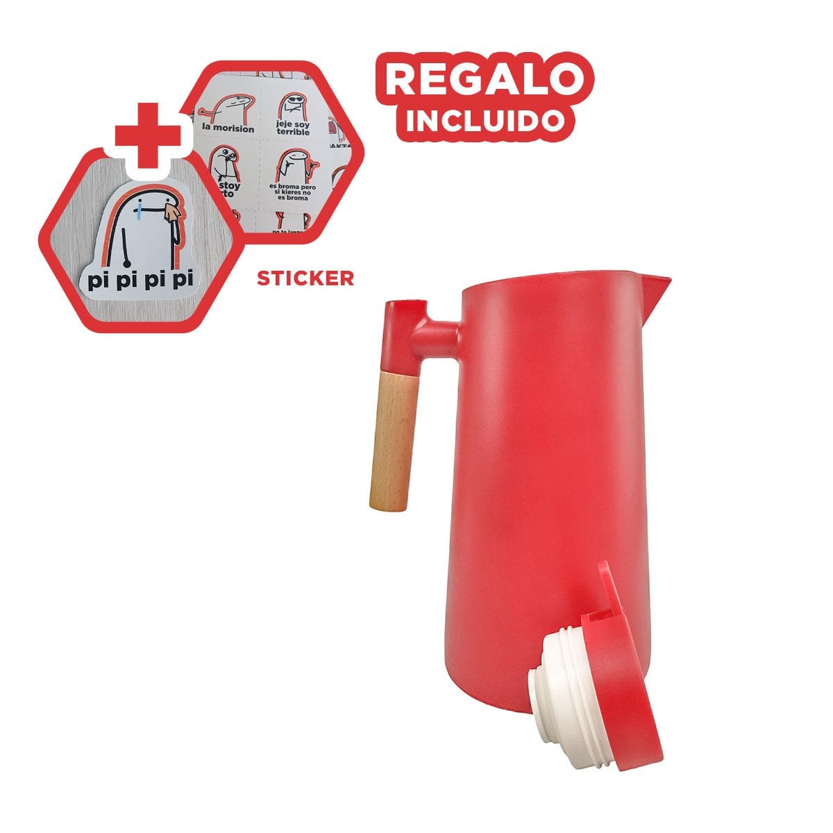 ENVASE TERMO 1L COLOR ROJO CON MANGO DE MADERA PERFECTO PARA CAFE Y TE Y+REGALO STICKER - 1
