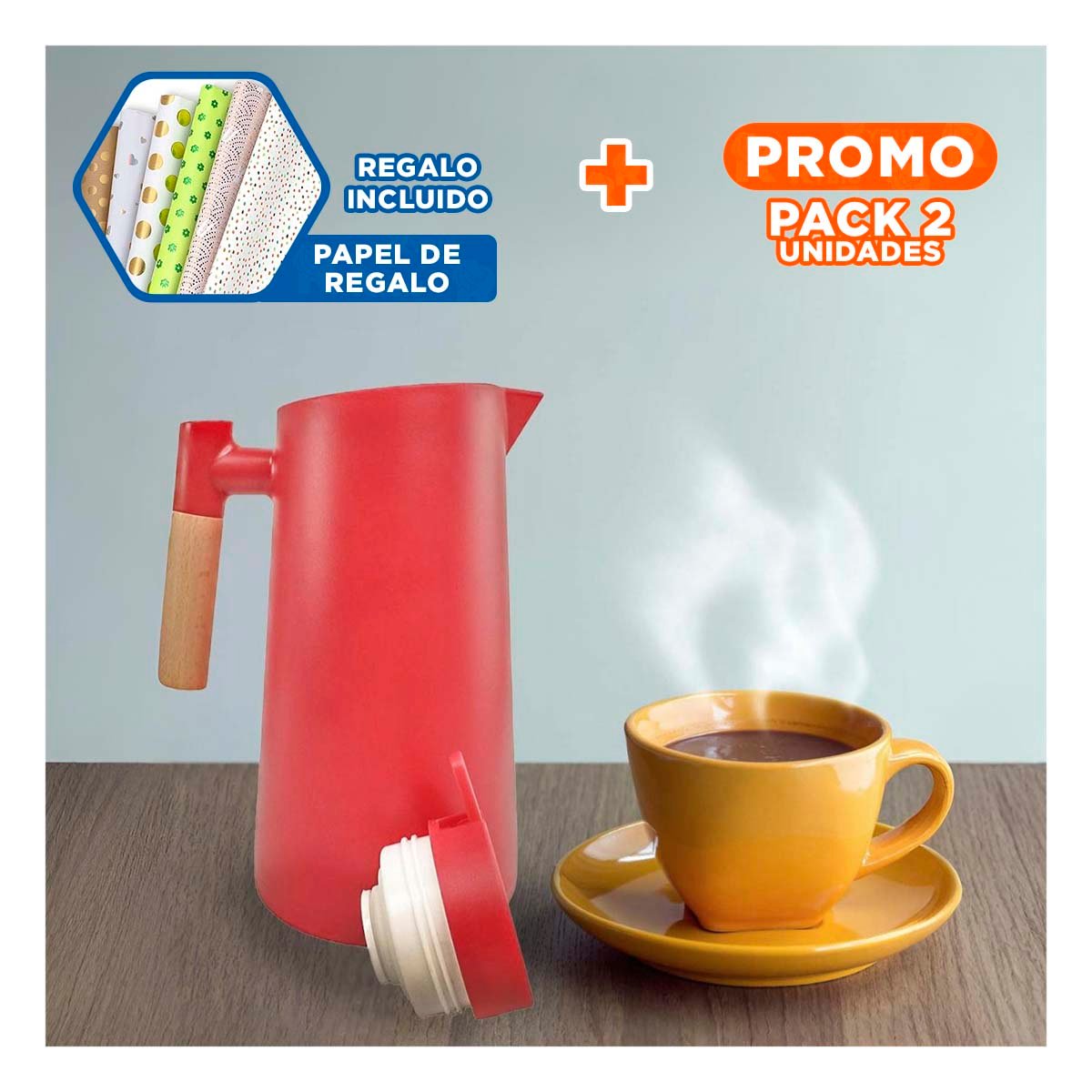 PACK2 RECIPIENTE TERMO 1L COLOR ROJO CON MANGO DE MADERA PARA CASA Y OFICINA Y+PAPEL REGALO - 1