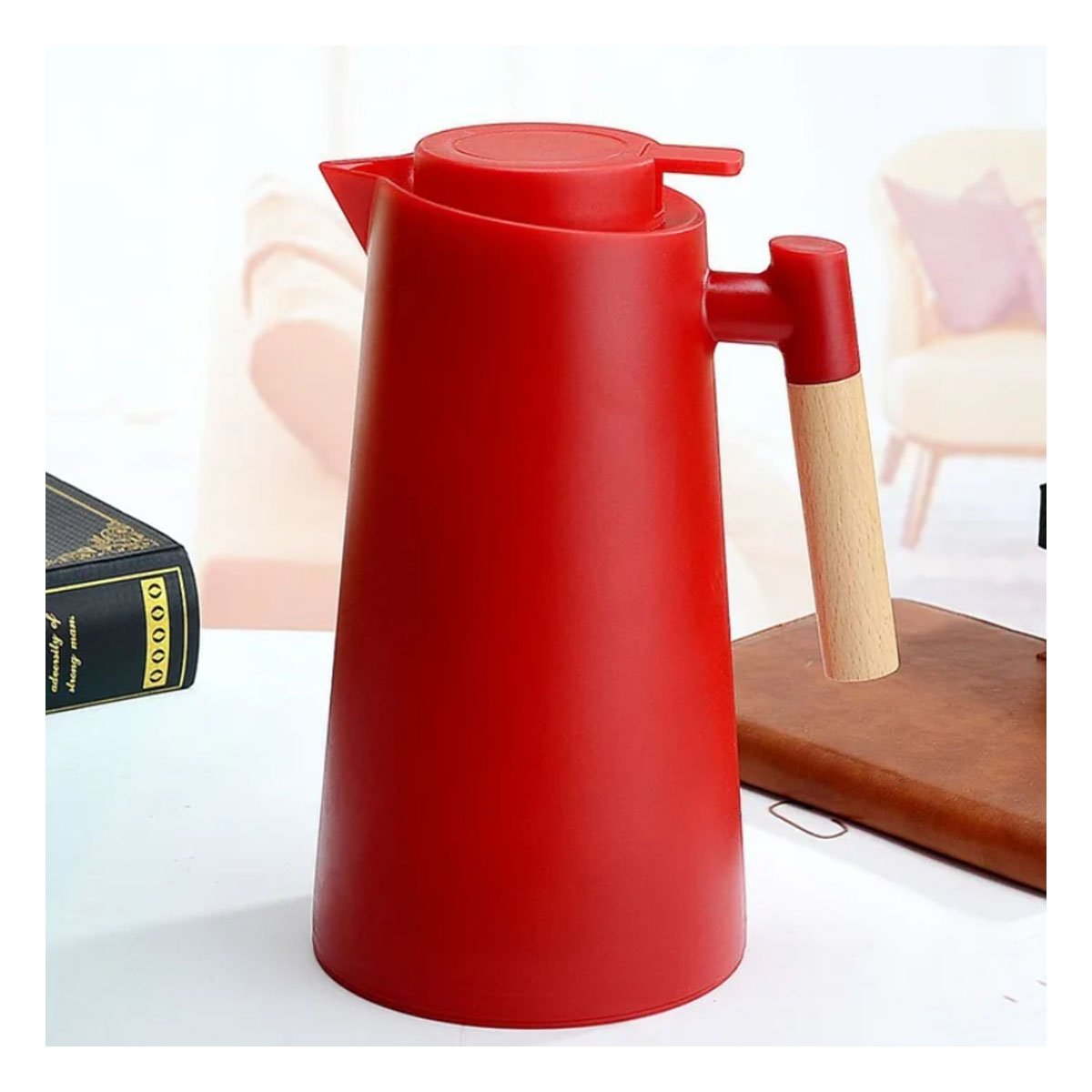 PACK2 RECIPIENTE TERMO 1L COLOR ROJO CON MANGO DE MADERA PARA CASA Y OFICINA Y+PAPEL REGALO - 2