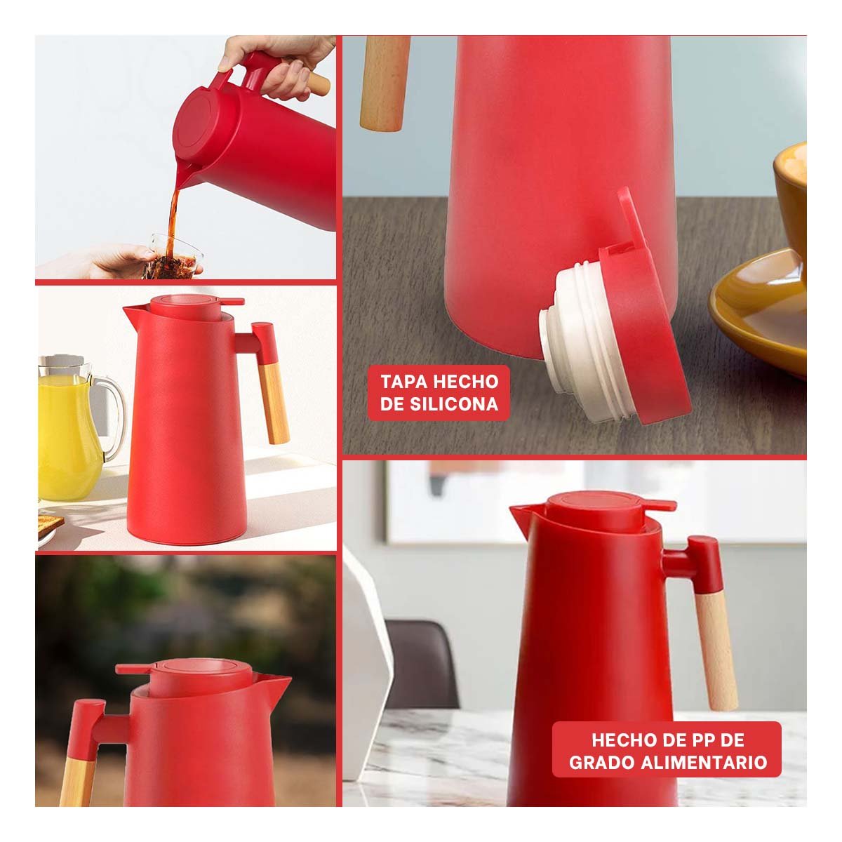 PACK2 RECIPIENTE TERMO 1L COLOR ROJO CON MANGO DE MADERA PARA CASA Y OFICINA Y+PAPEL REGALO - 3